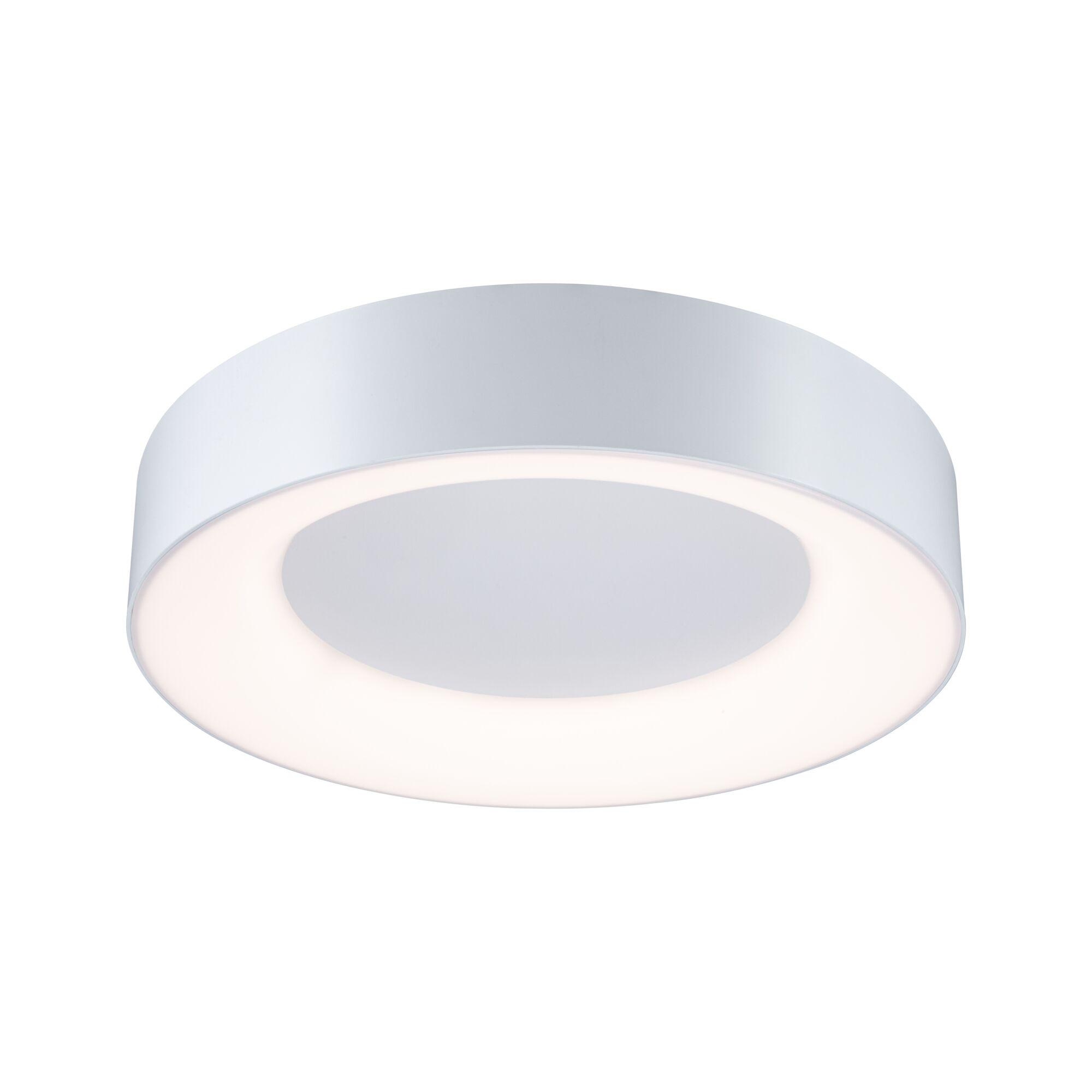 Un plafonnier blanc moderne au design rond et un anneau à l'éclat chaleureux.
