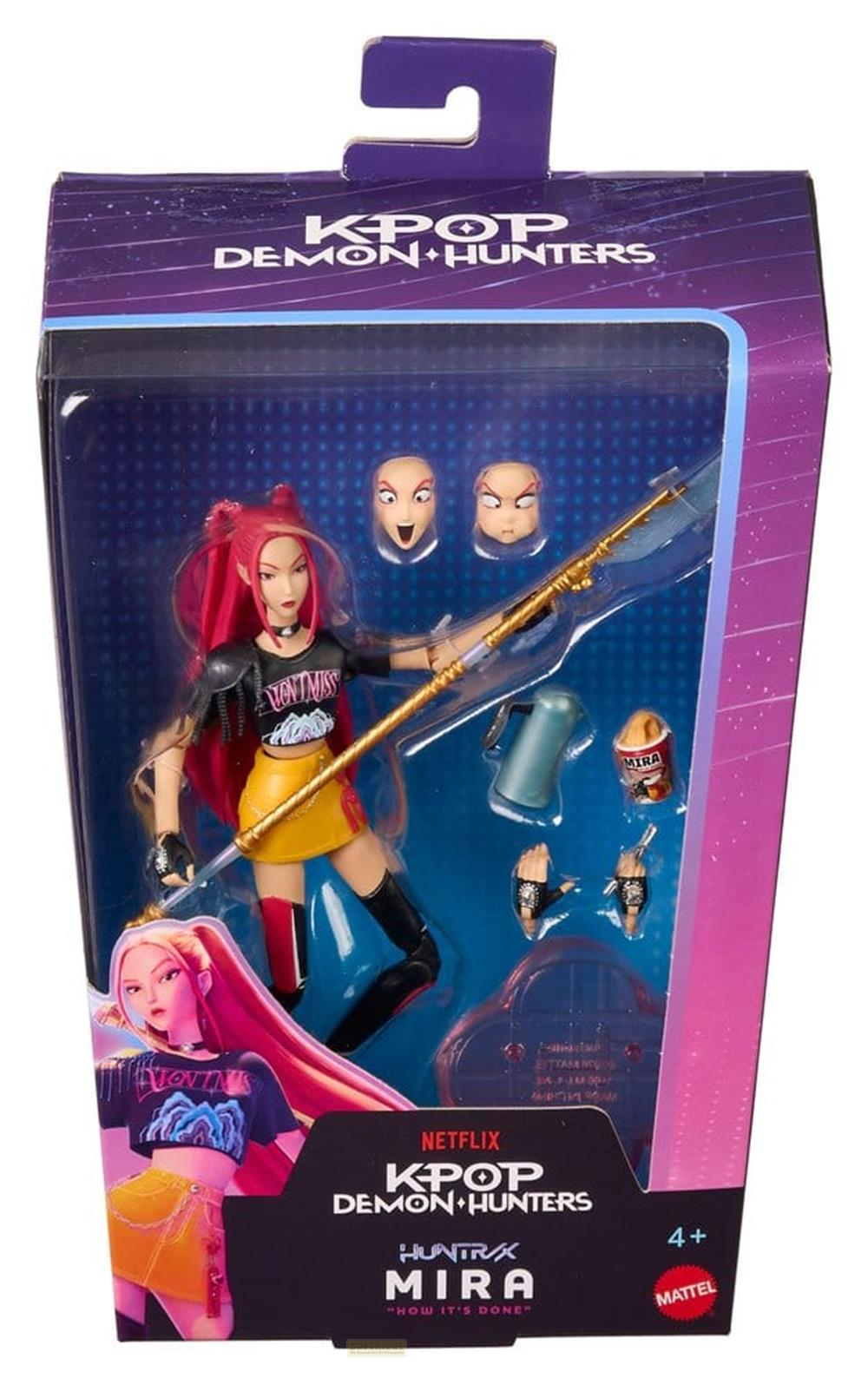 Muñeca de moda K-Pop Demon Hunters Mira en envase morado con accesorios y caras extra.