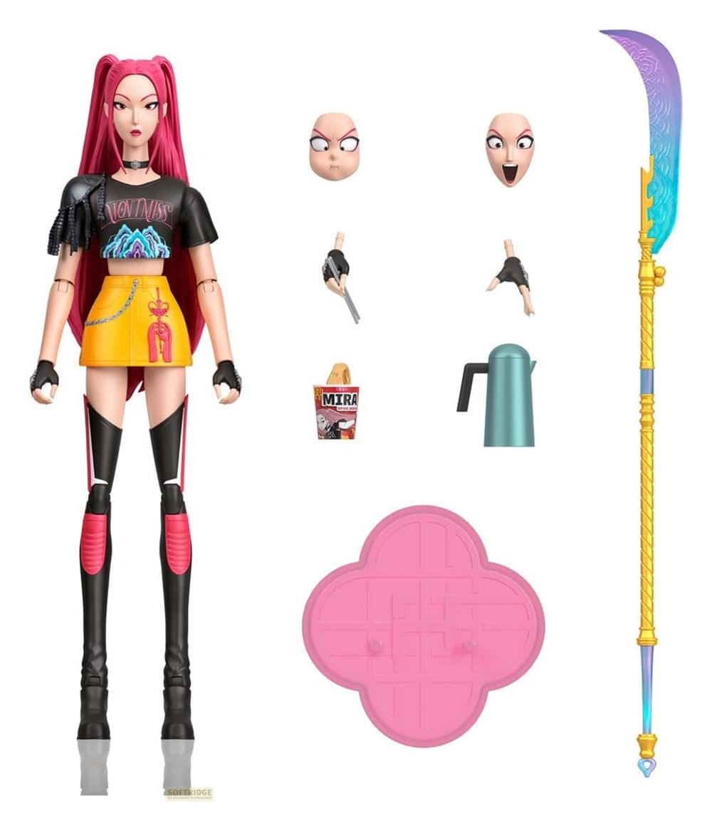 Figura de acción de pelo rosa con falda amarilla, armas, cabezas y manos intercambiables y accesorios.