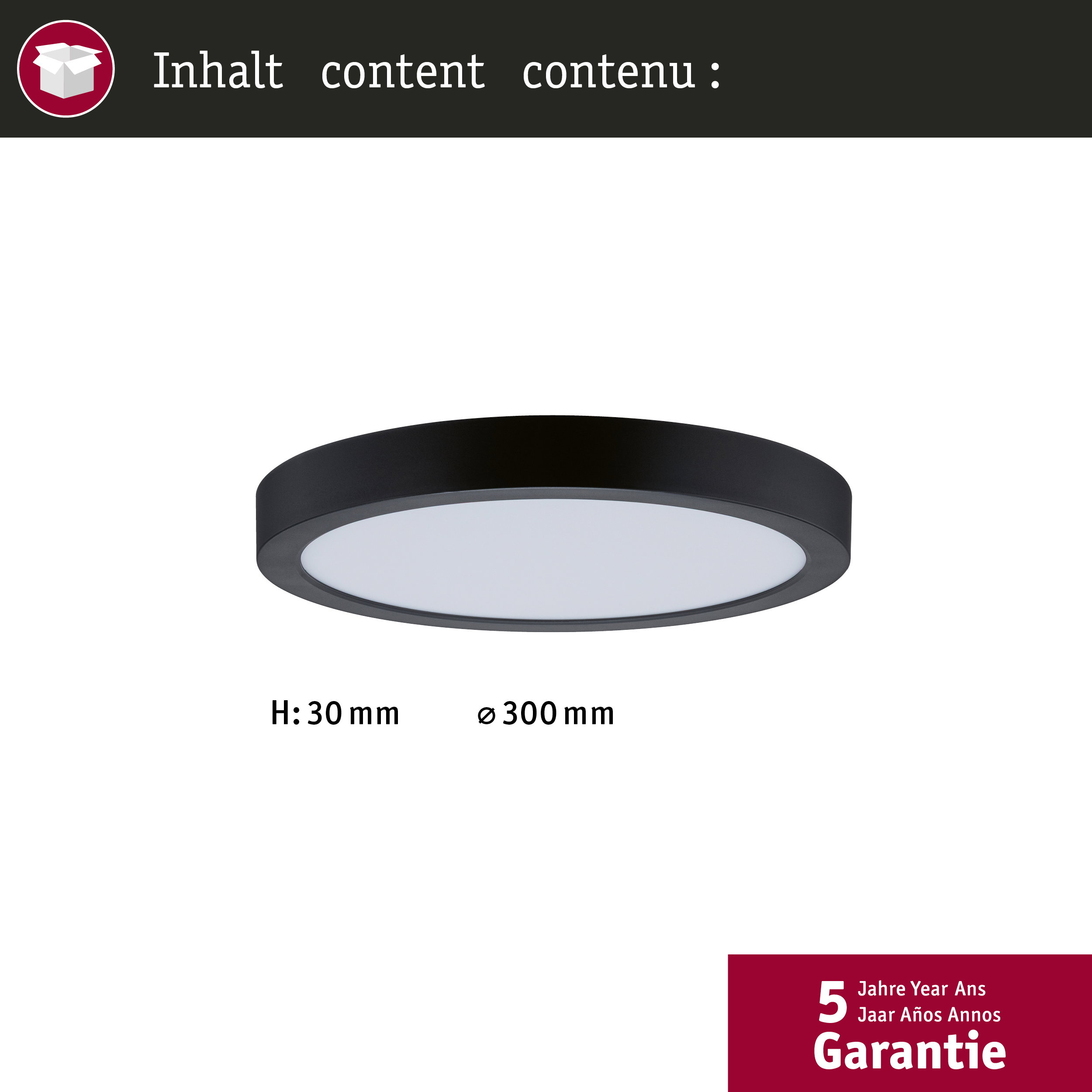 Flache, runde schwarze LED-Deckenleuchte mit Maßen und Garantiehinweis.