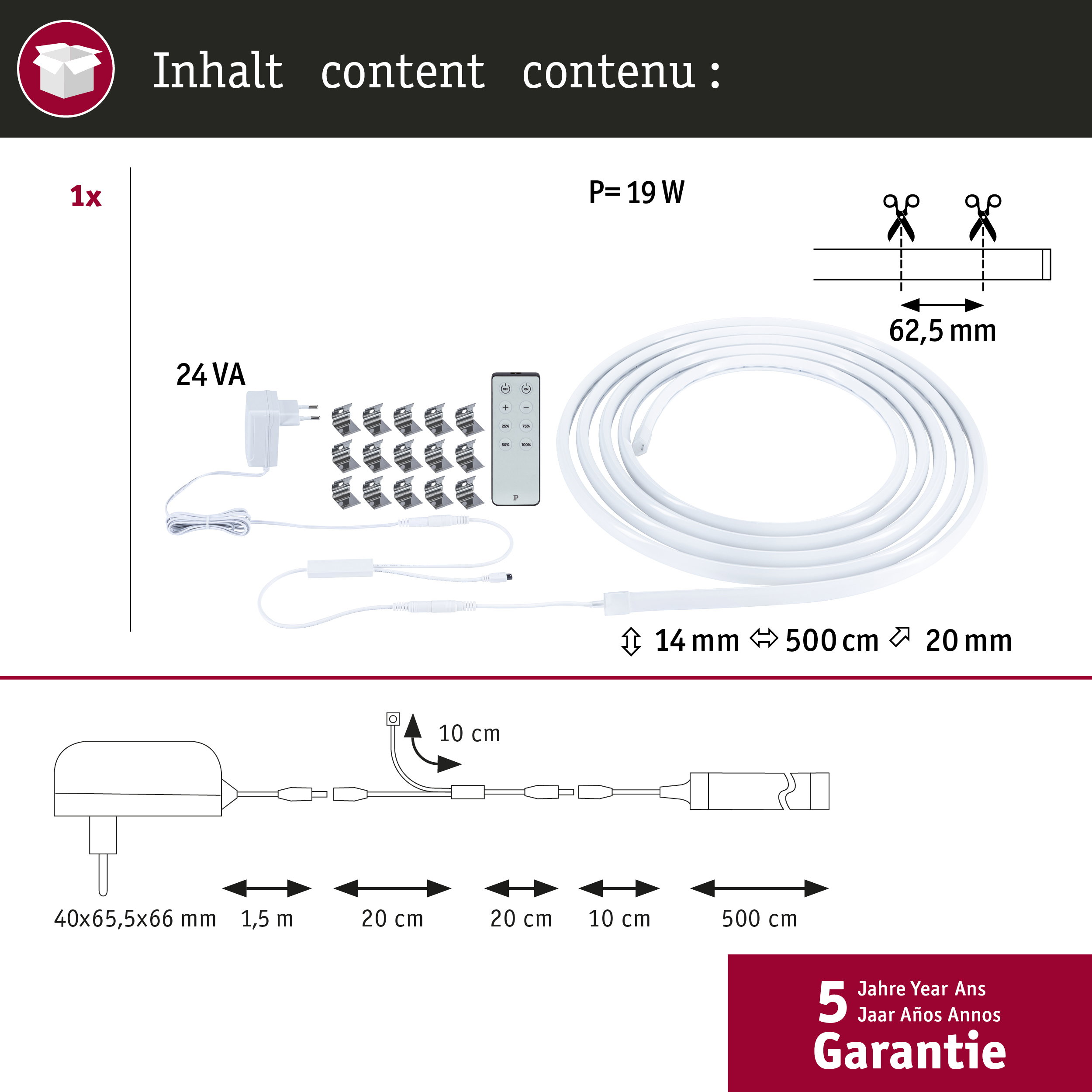 Diagramm mit LED-Streifen-Set-Inhalten, Maßen, 24VA Netzteil, Fernbedienung und 5 Jahren Garantie.