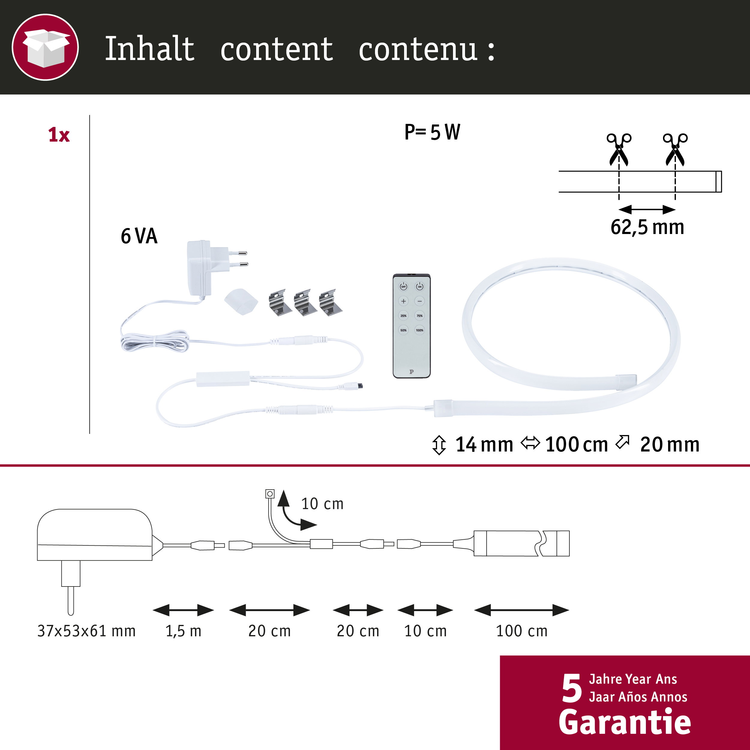 LED-Streifen-Set mit Netzteil, Fernbedienung, Halterungen und Maßen von 100 cm Länge sowie 5 Watt Leistung.