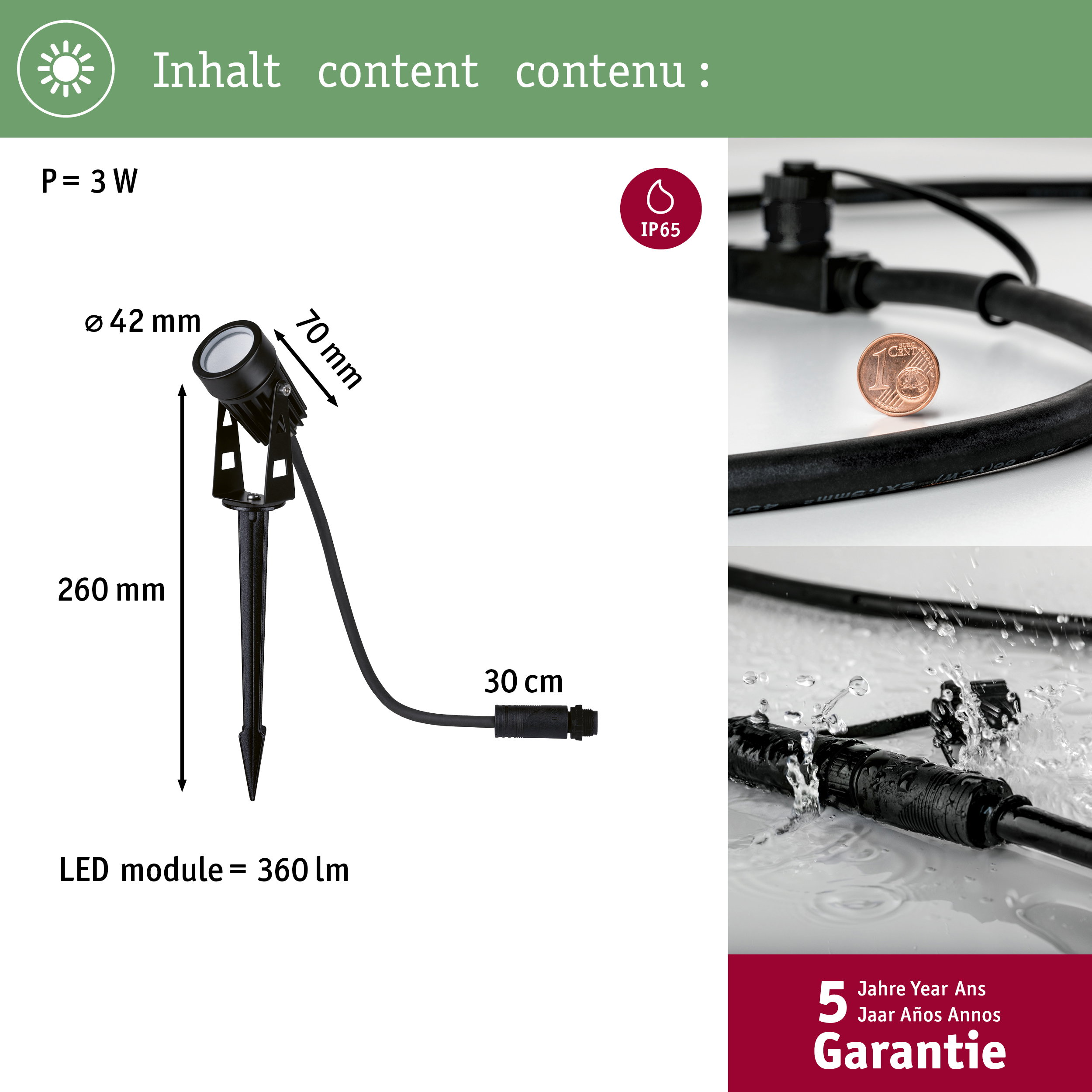 Rysunek techniczny reflektora ogrodowego LED 3W z wymiarami, szczegółami kabla i 5-letnią gwarancją.