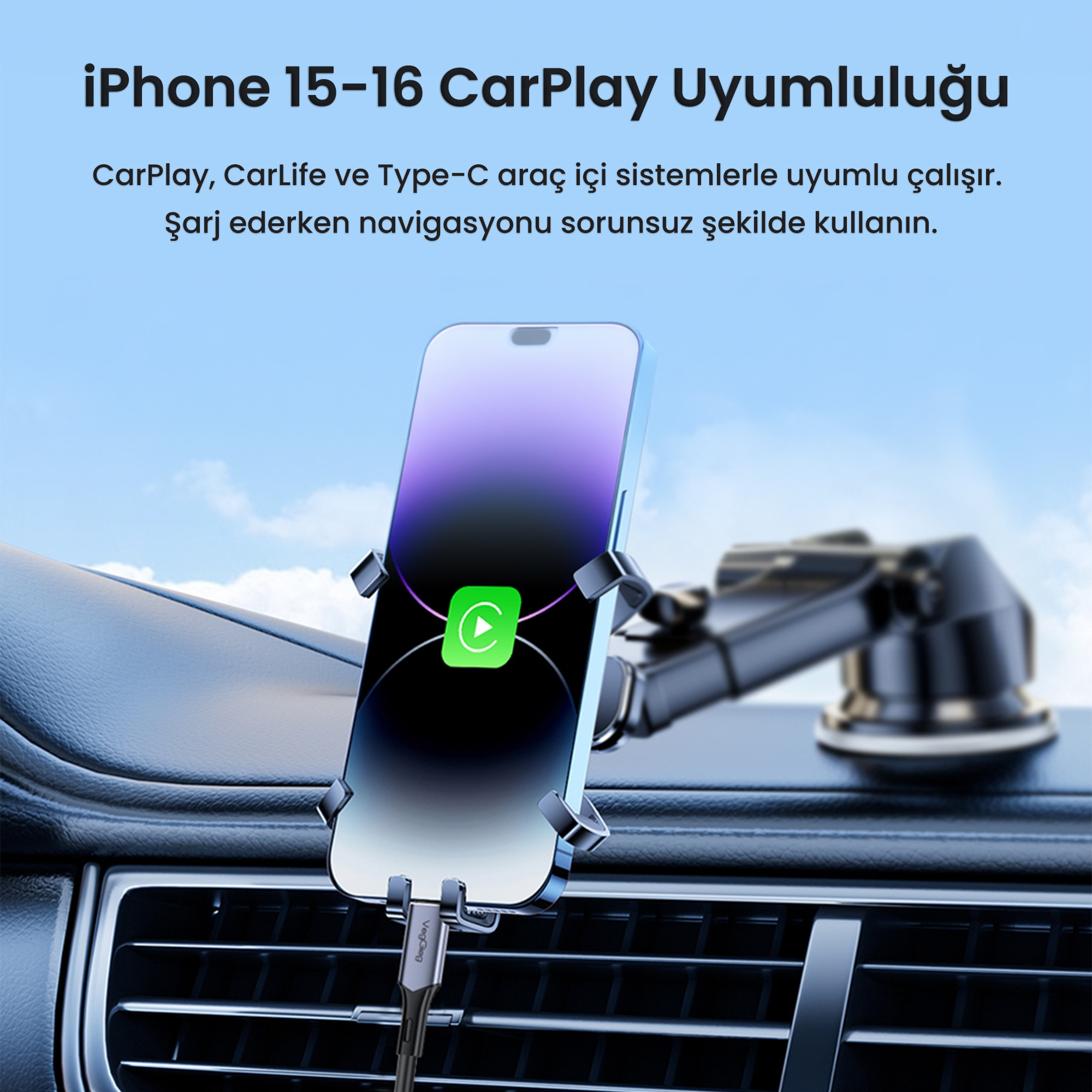 Araç havalandırma tutucusunda akıllı telefon ve üstte metin.
