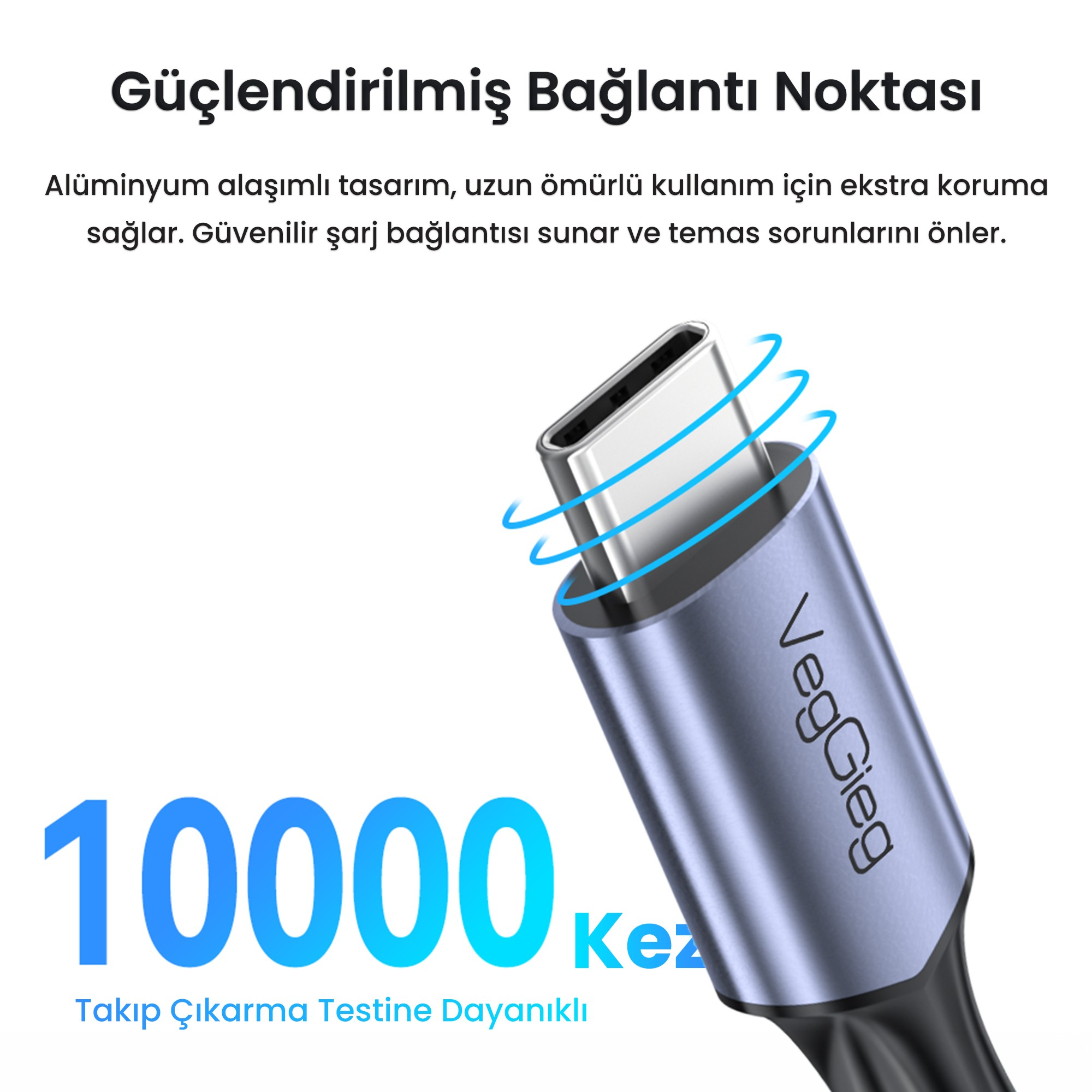Beyaz arka planda metin ve mavi çizgilere sahip gümüş renkli USB-C konektörünün yakın plan görüntüsü.