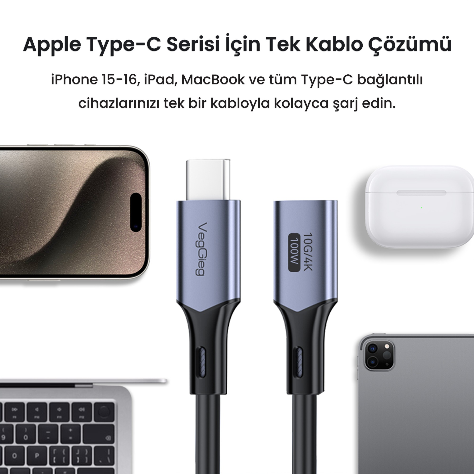 VegGieg Type-C kablosu, iPhone, MacBook ve AirPods gibi Apple cihazlarıyla birlikte gösterilmektedir.