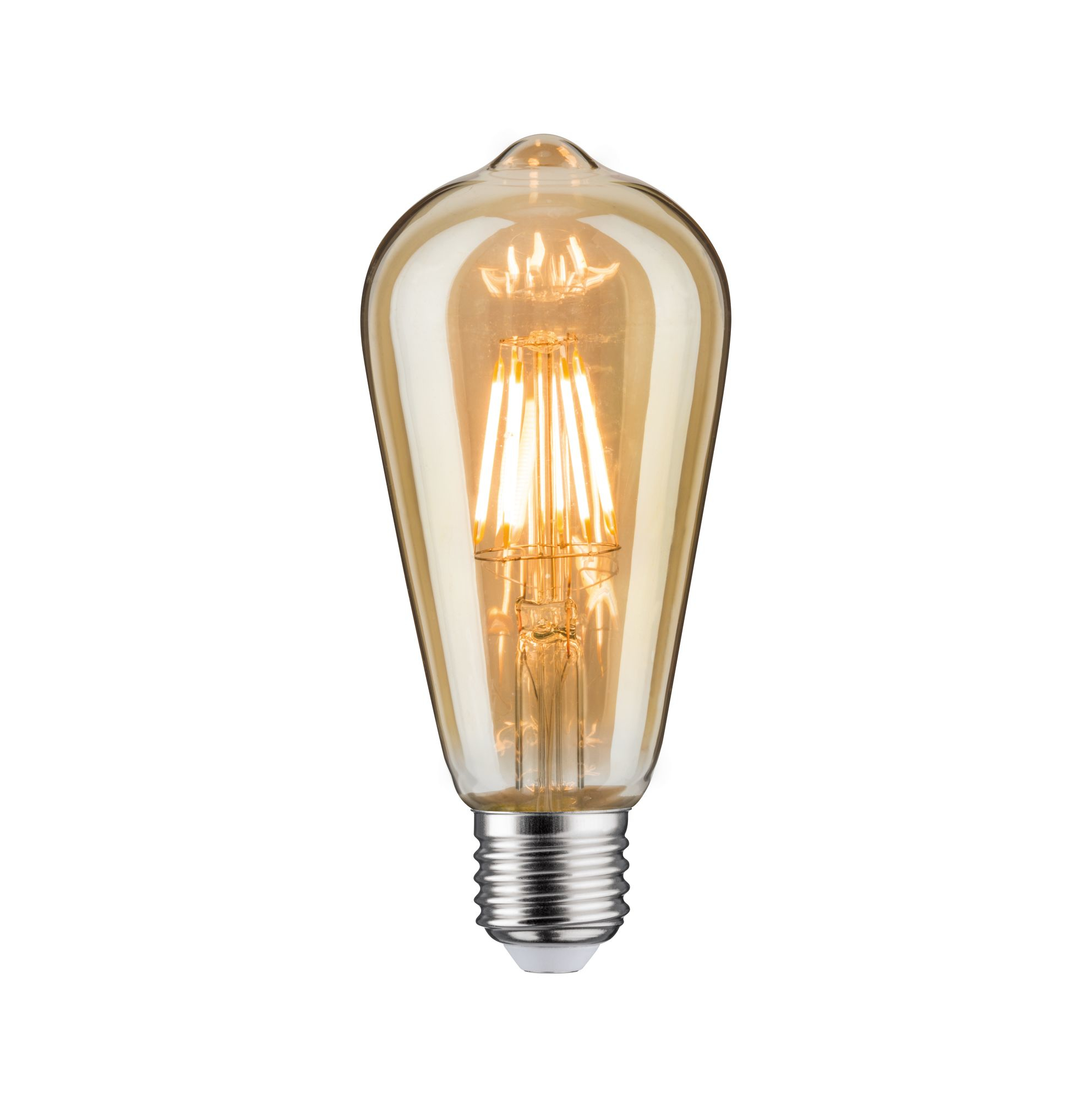 Eine bernsteinfarbene LED-Glühlampe mit vertikalen Glühfäden leuchtet auf einem weißen Hintergrund.