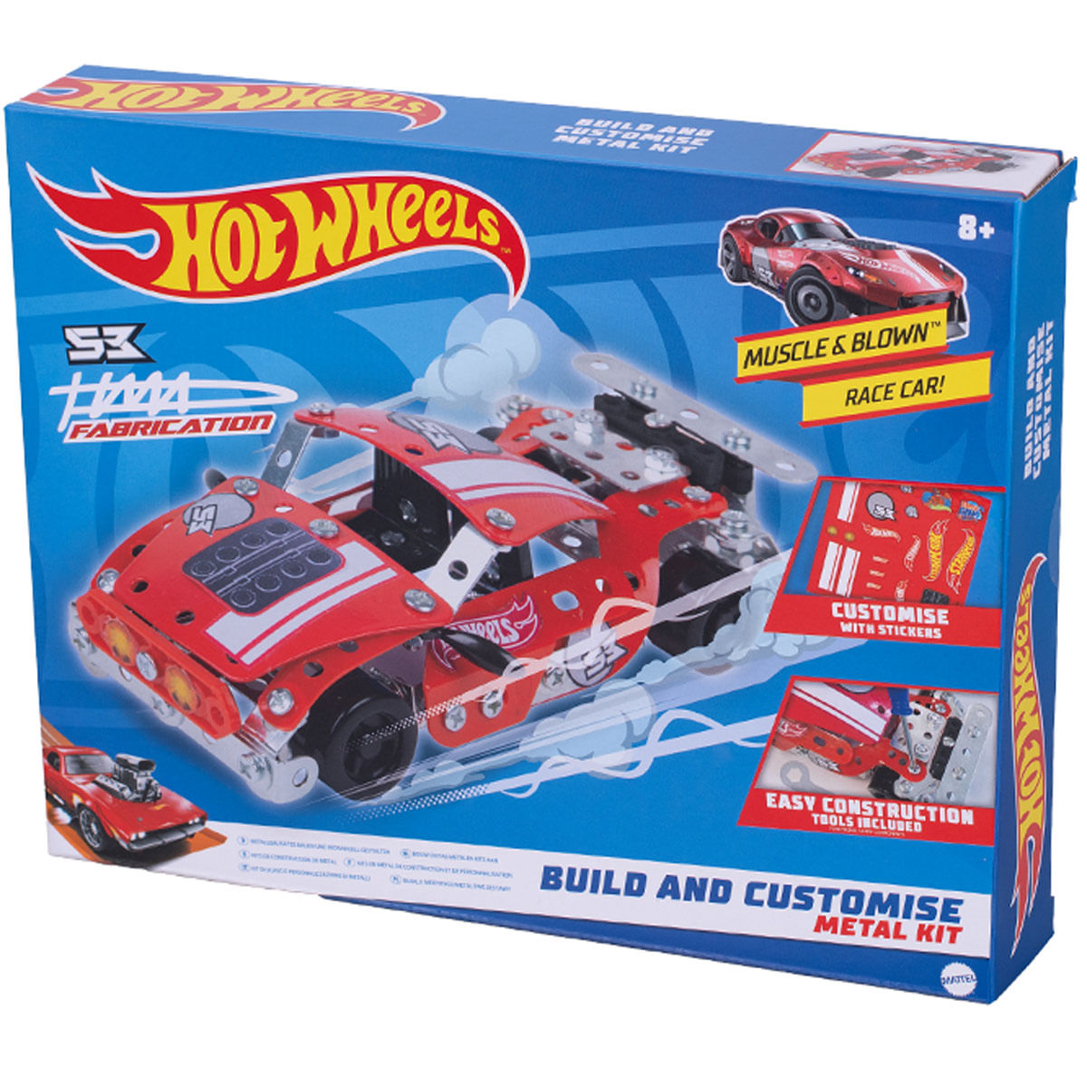 Caja de kit metálico Hot Wheels con un coche de carreras rojo, pegatinas y herramientas.