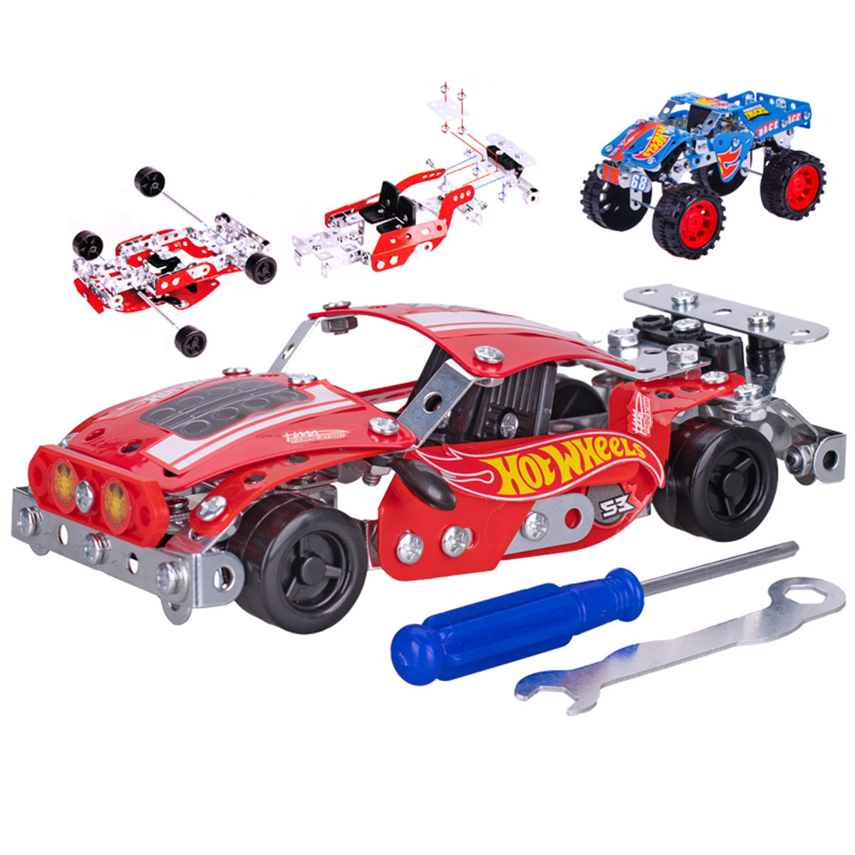 Kit de construcción de coches de metal con herramientas.