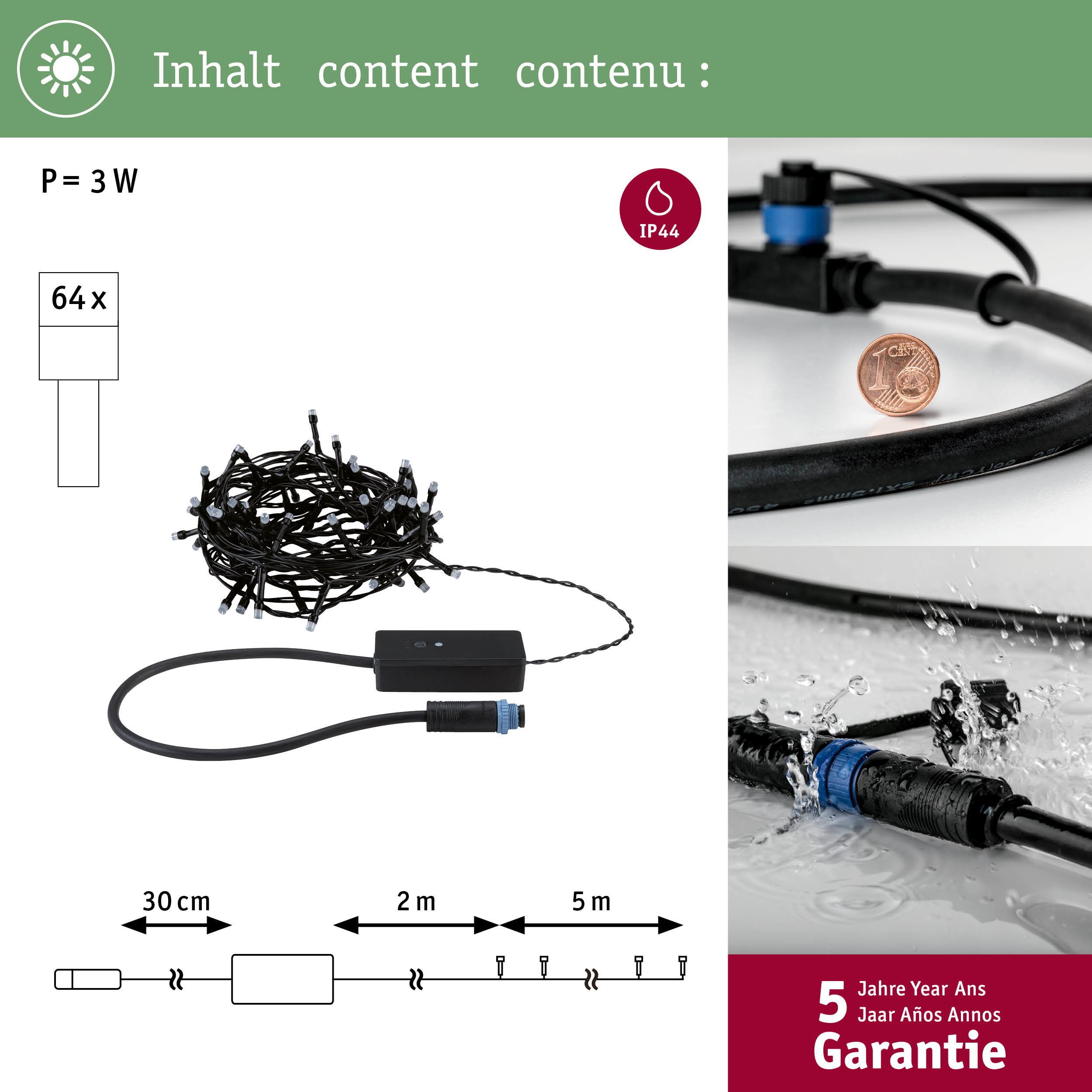 Zawartość produktu z łańcuchem świetlnym LED 3W, IP44, wymiarami i 5-letnią gwarancją.