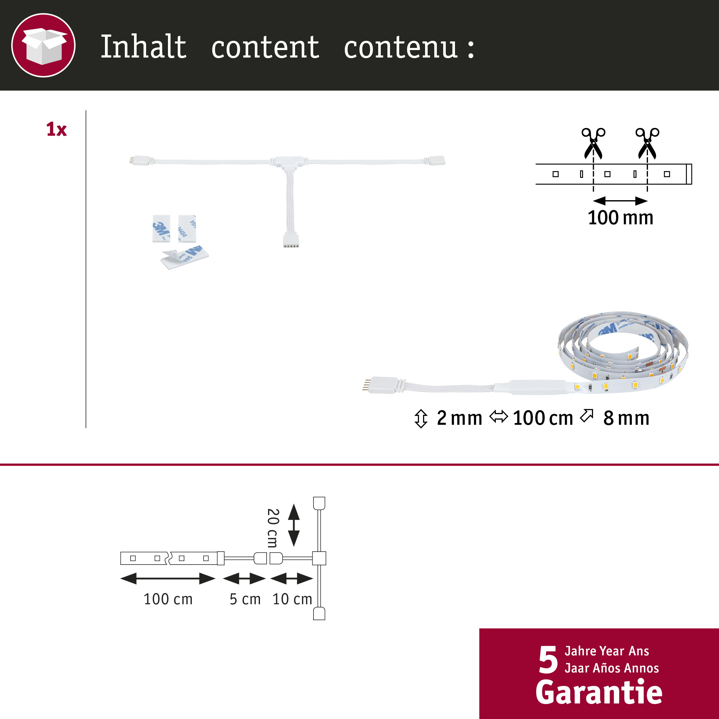 Packungsinhalt mit LED-Streifen, T-Verbinder, Klebepads und Maßen sowie 5 Jahren Garantie.