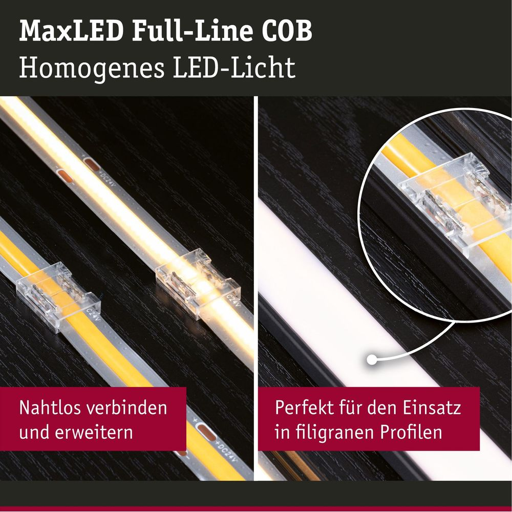 MaxLED Full-Line COB LED-Strips mit nahtlosen Verbindern und Einsatz in schlanken Profilen.