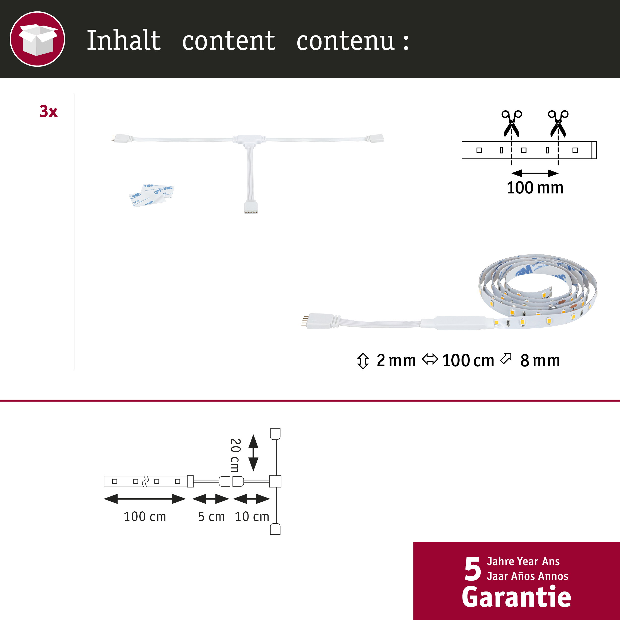 LED-Streifen-Set mit dreifachem Verteiler, Klebepads und Maßangaben auf schwarzem und weißem Hintergrund.