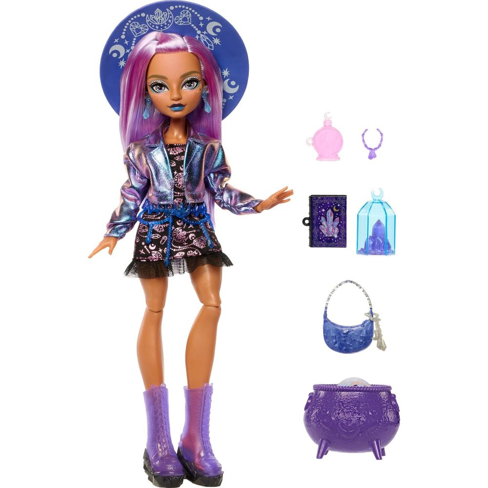 Muñeca de moda con cabello morado, sombrero azul a juego, chaqueta brillante y accesorios mágicos sobre fondo blanco.