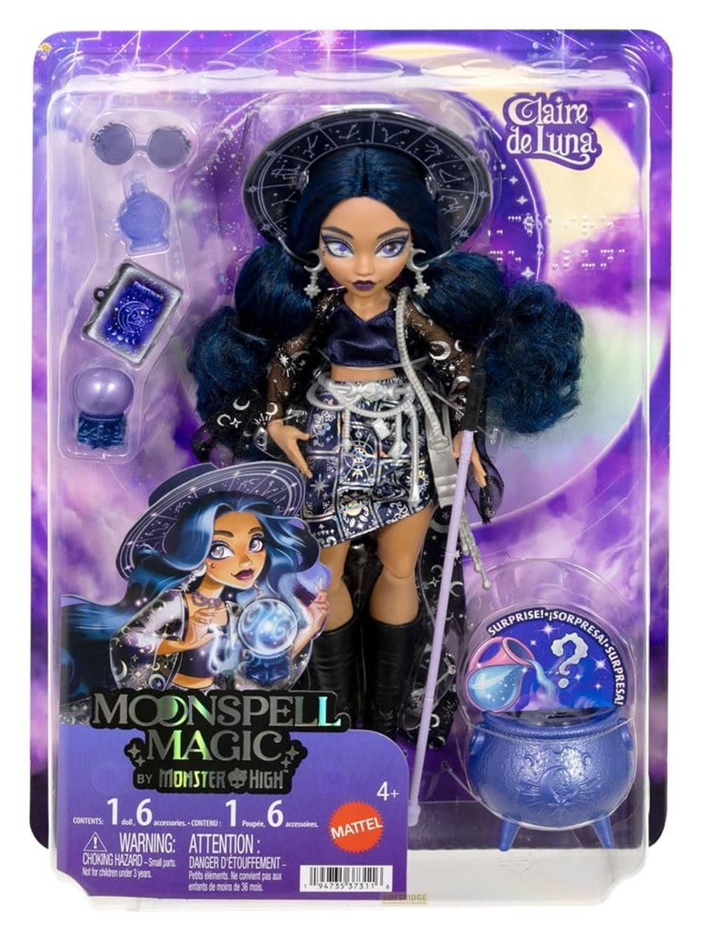 Muñeca Monster High Claire de Luna en su empaque morado con accesorios mágicos.