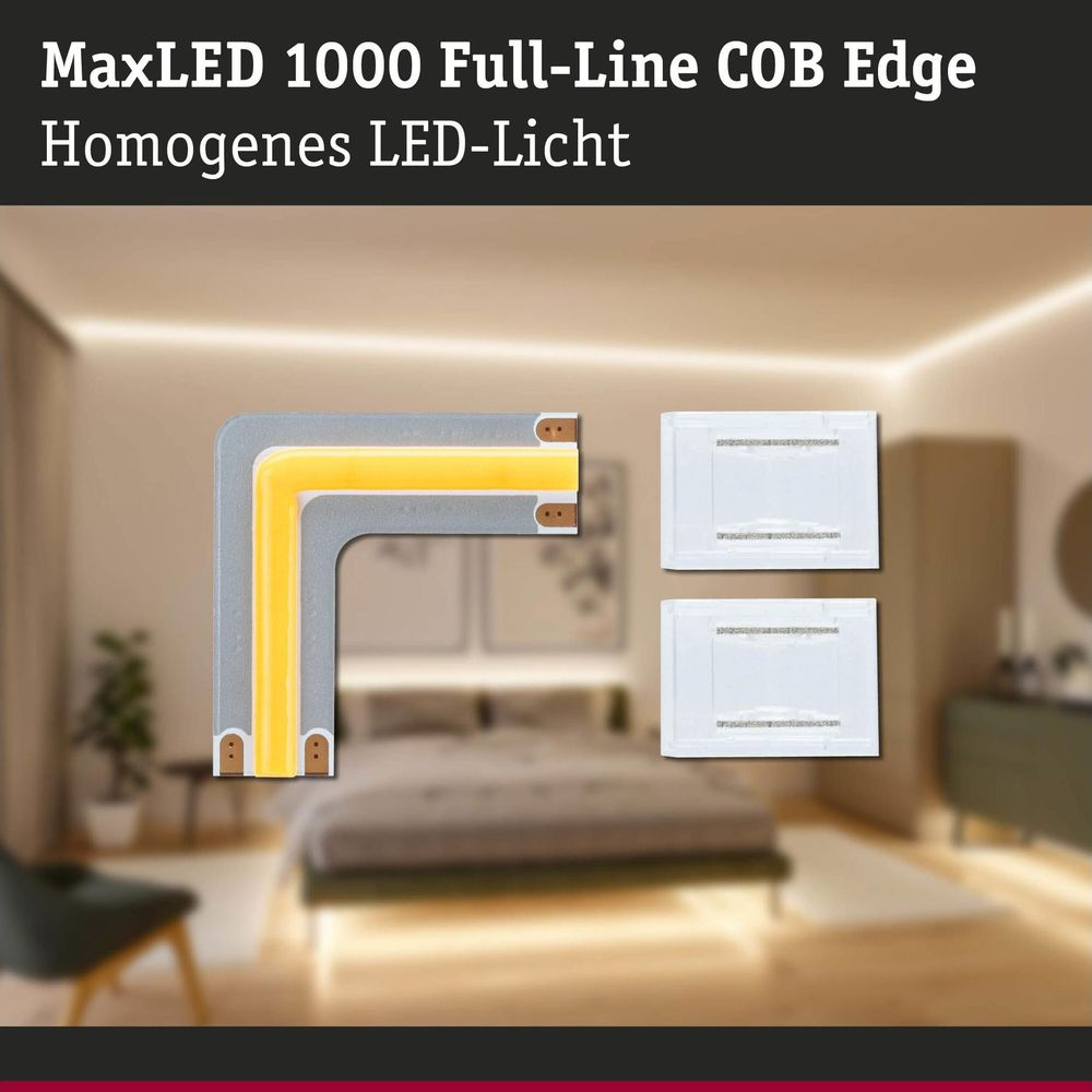Produktanzeige des MaxLED COB Edge Eckverbinders und Teilen vor einem weich beleuchteten Schlafzimmerhintergrund.