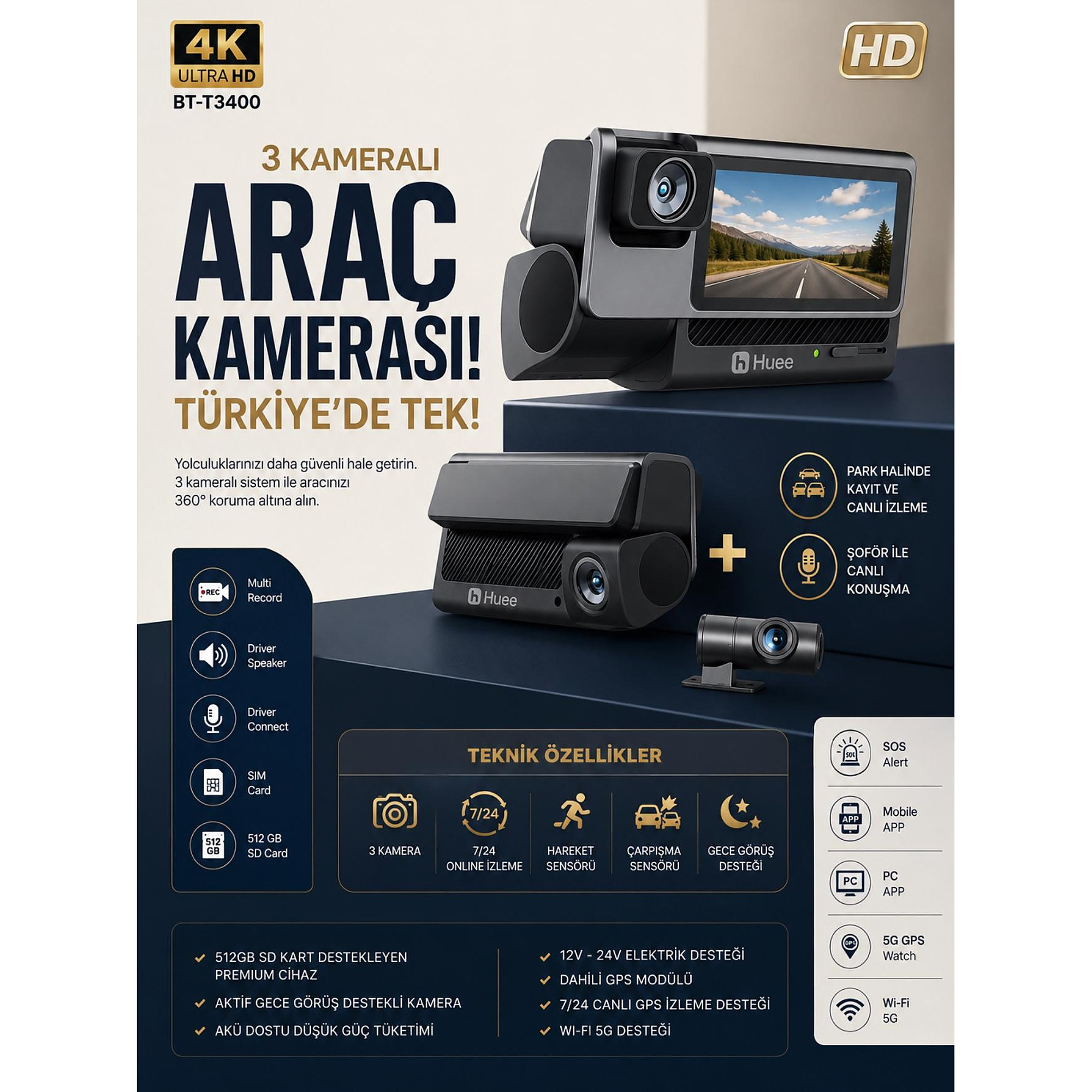 Üç kameralı araç kamerasının teknik özelliklerini tanıtan siyah ve mavi renkli afiş.