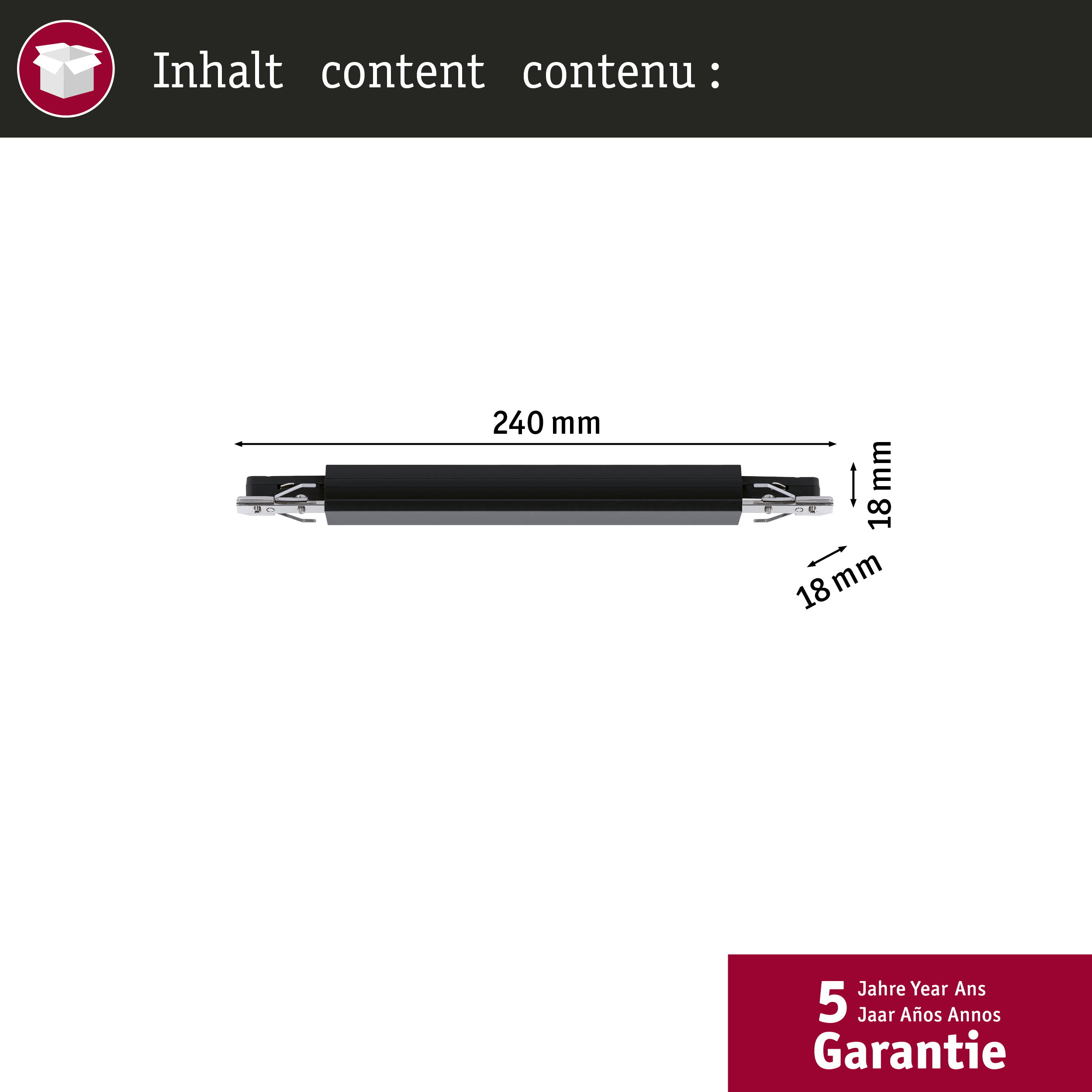 Technische Zeichnung eines schwarzen Befestigungselements mit Maßangaben von 240 mm und zweimal 18 mm.