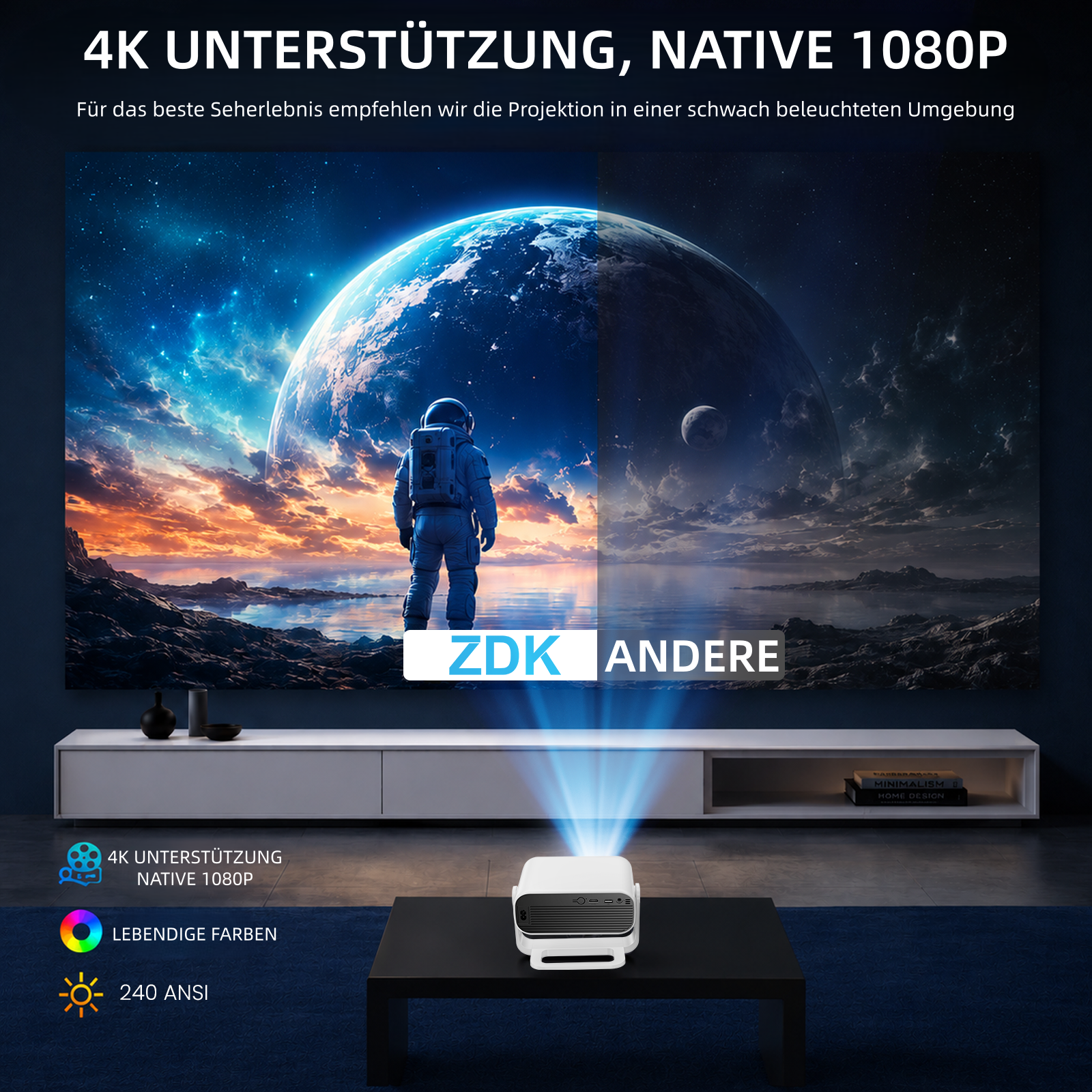 Ein weißer Projektor auf einem Tisch projiziert ein lebendiges Bild von einem Astronauten im Weltall an eine Wand.
