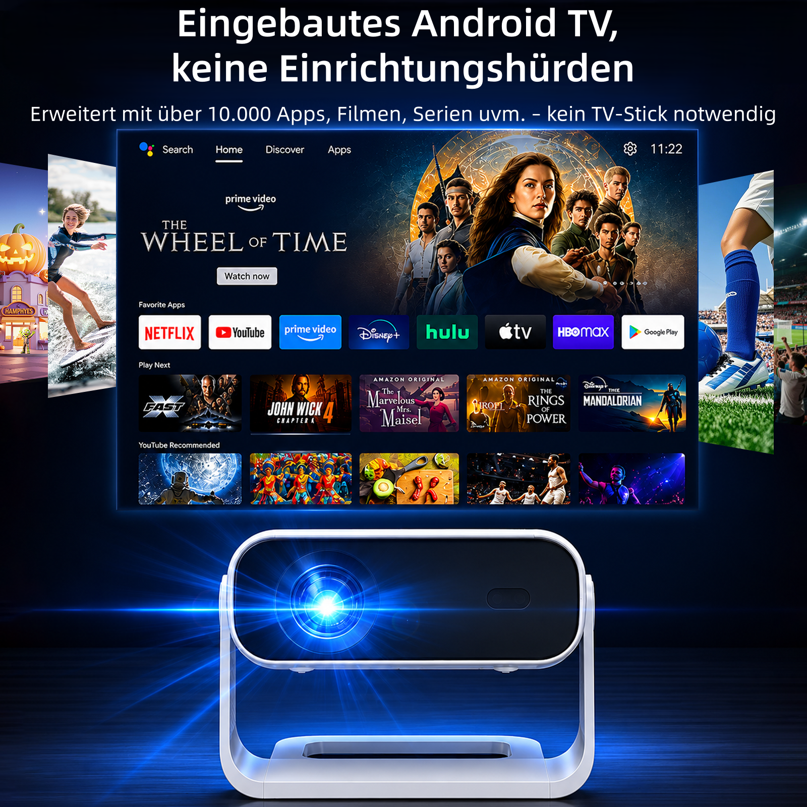 Ein weißer Beamer mit blau leuchtender Linse zeigt ein Android TV-Menü mit Apps und Shows vor dunklem Hintergrund.