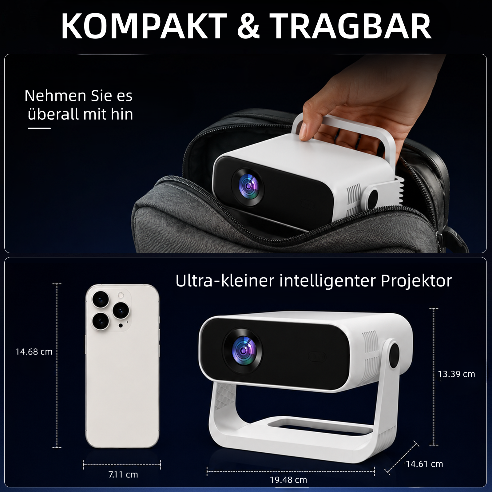 Ein kompakter weißer Projektor wird in eine Tasche gesteckt und neben einem Smartphone mit Maßen gezeigt.