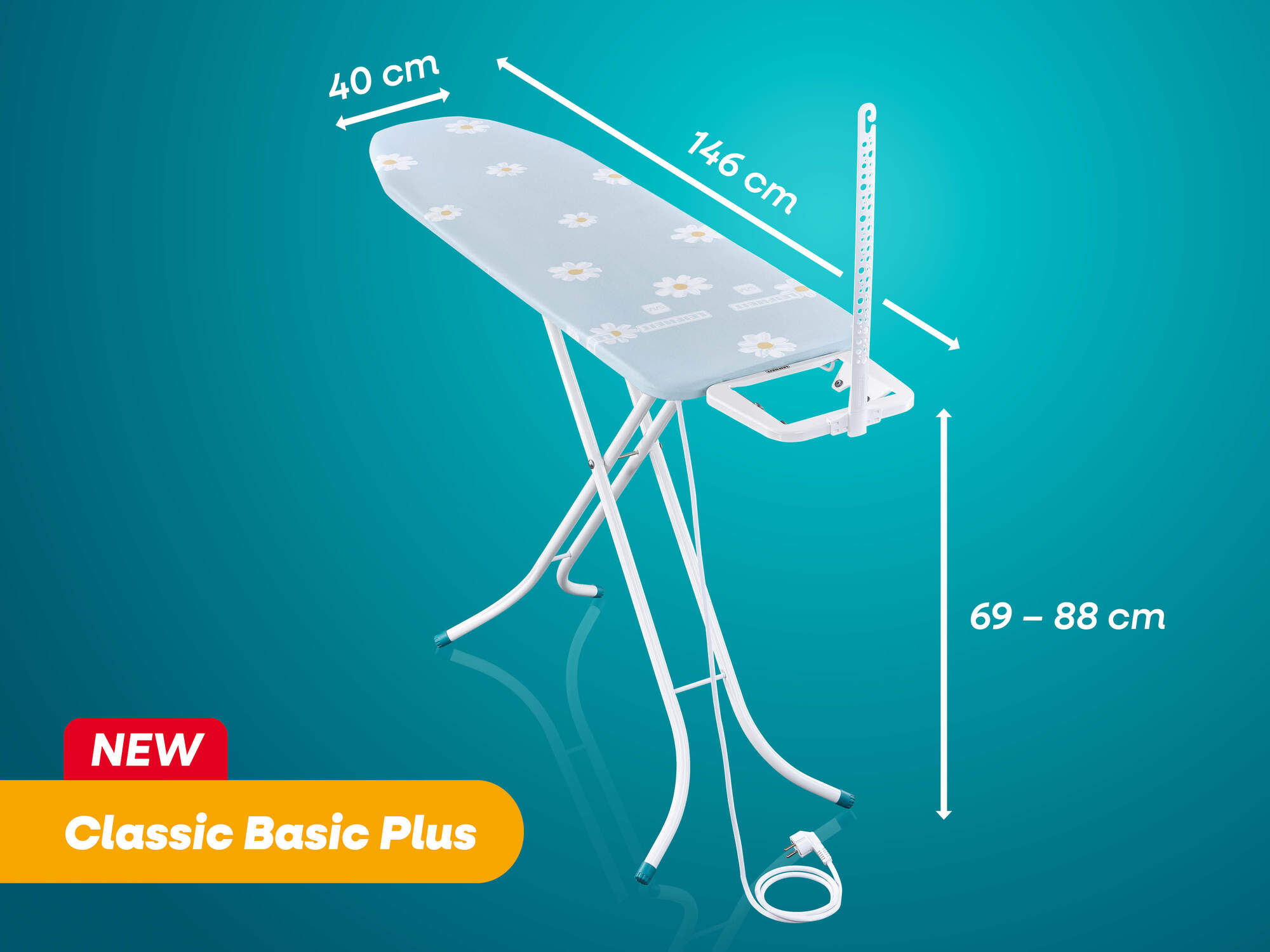 Bügelbrett Classic Basic Plus mit Maßen: 146 cm lang, 40 cm breit, 69-88 cm höhenverstellbar.