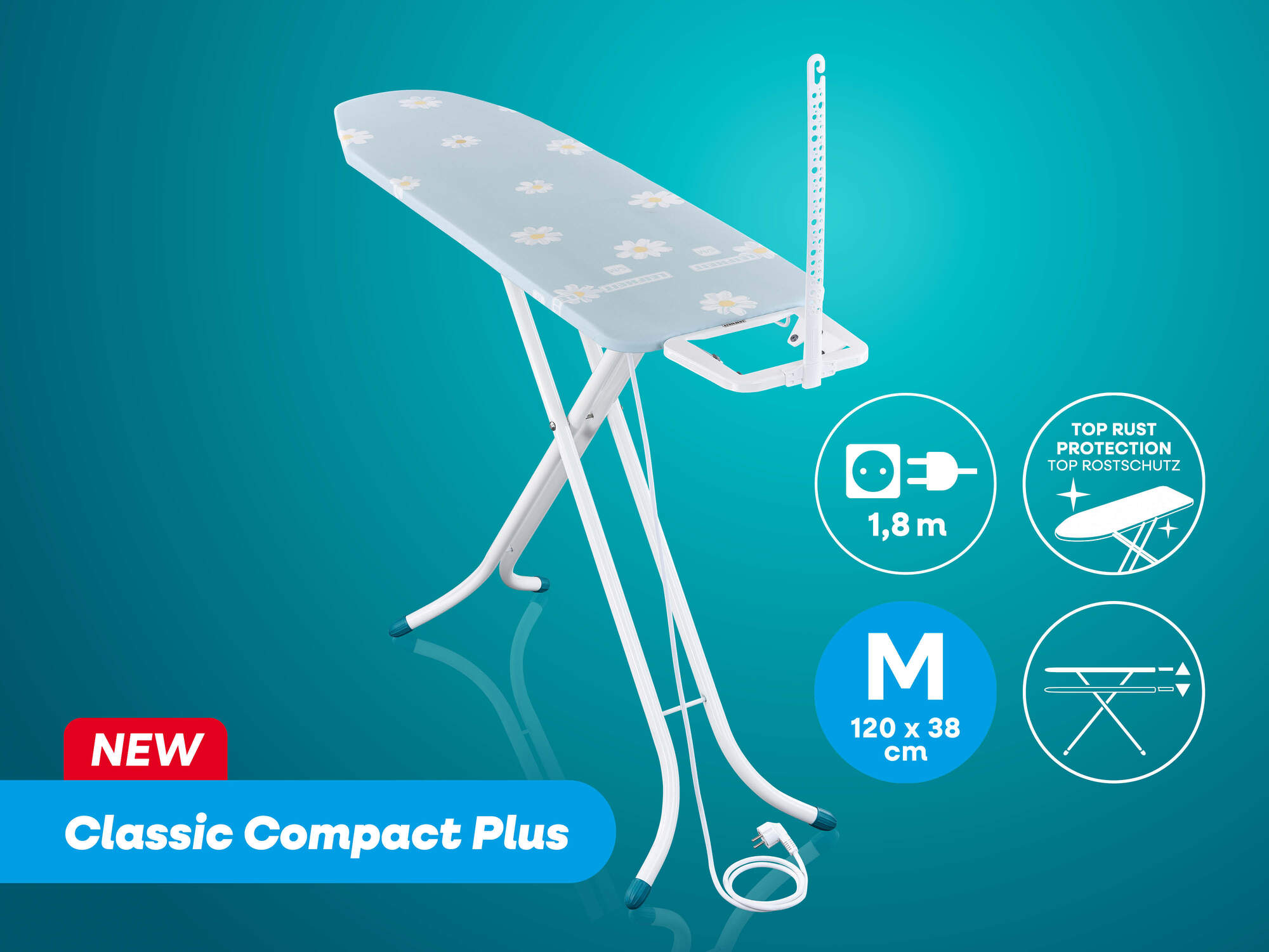 Bügelbrett Classic Compact Plus in Blau mit Blümchenmuster und Zubehör auf blauem Hintergrund.