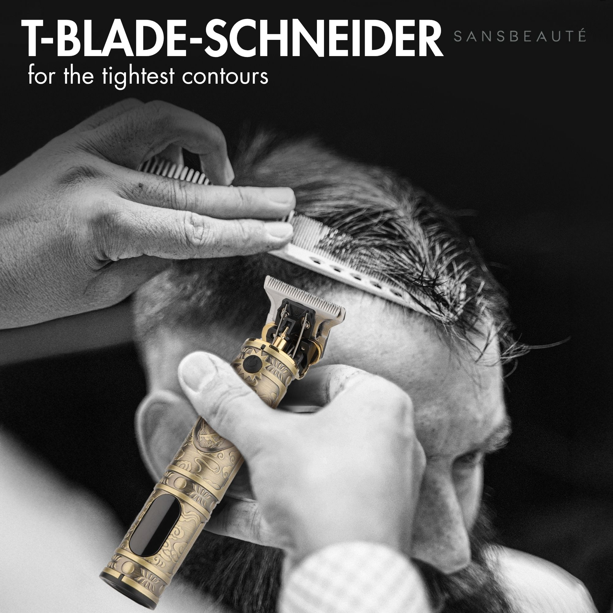 Een kapper gebruikt een versierde gouden haartrimmer en kam.