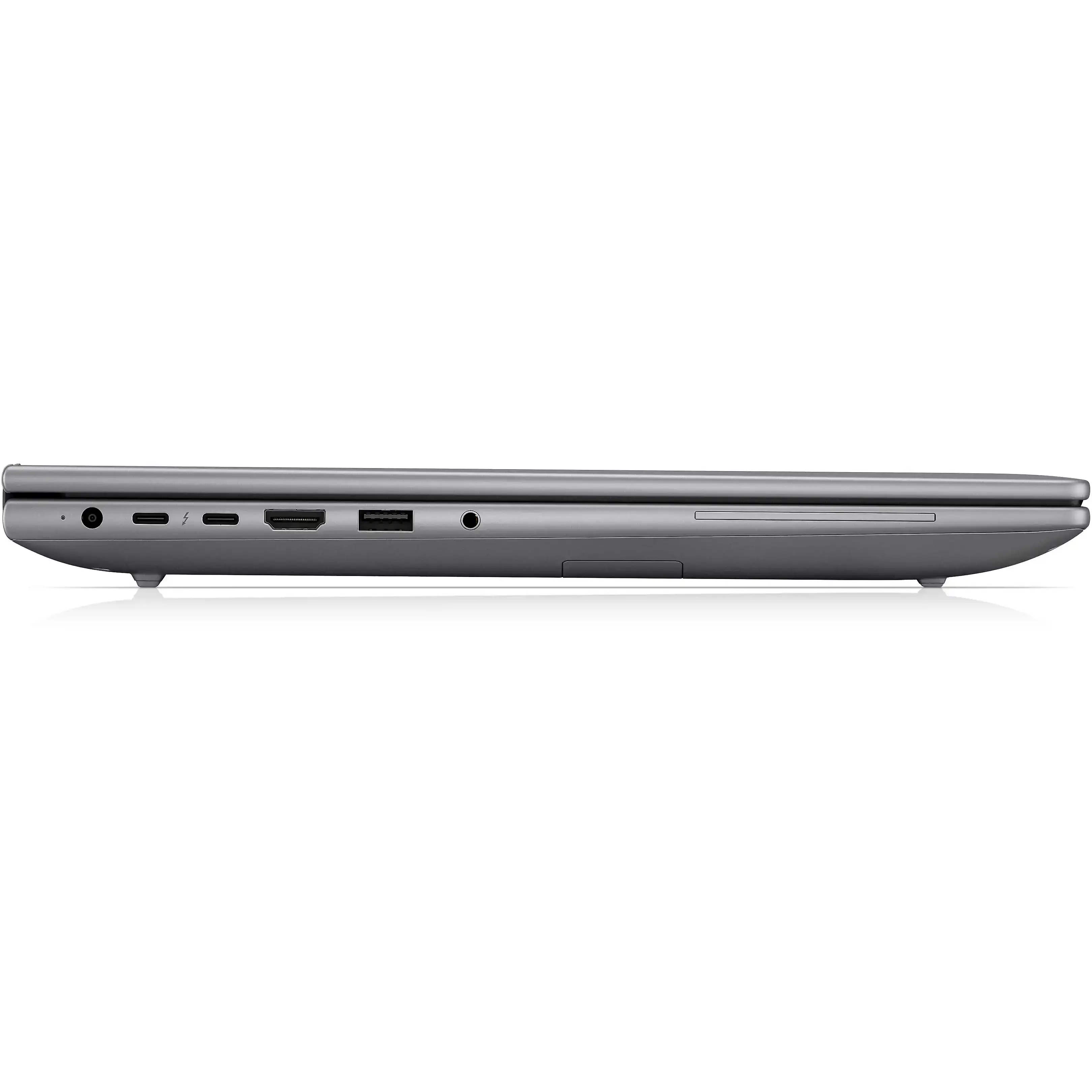 Vista laterale di un computer portatile grigio con varie porte e un'unità disco.