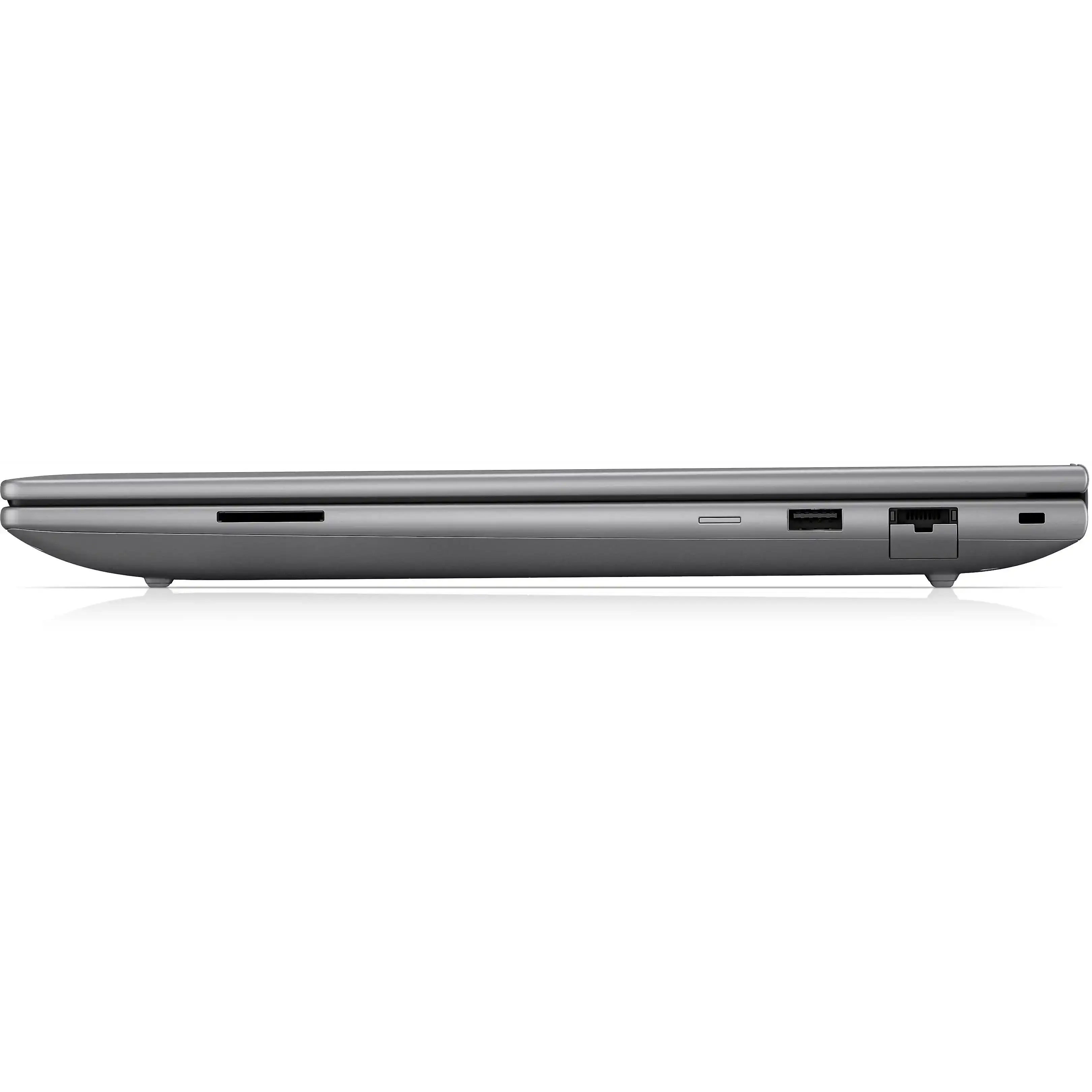 Vista laterale di un laptop grigio chiuso con porte su sfondo nero.