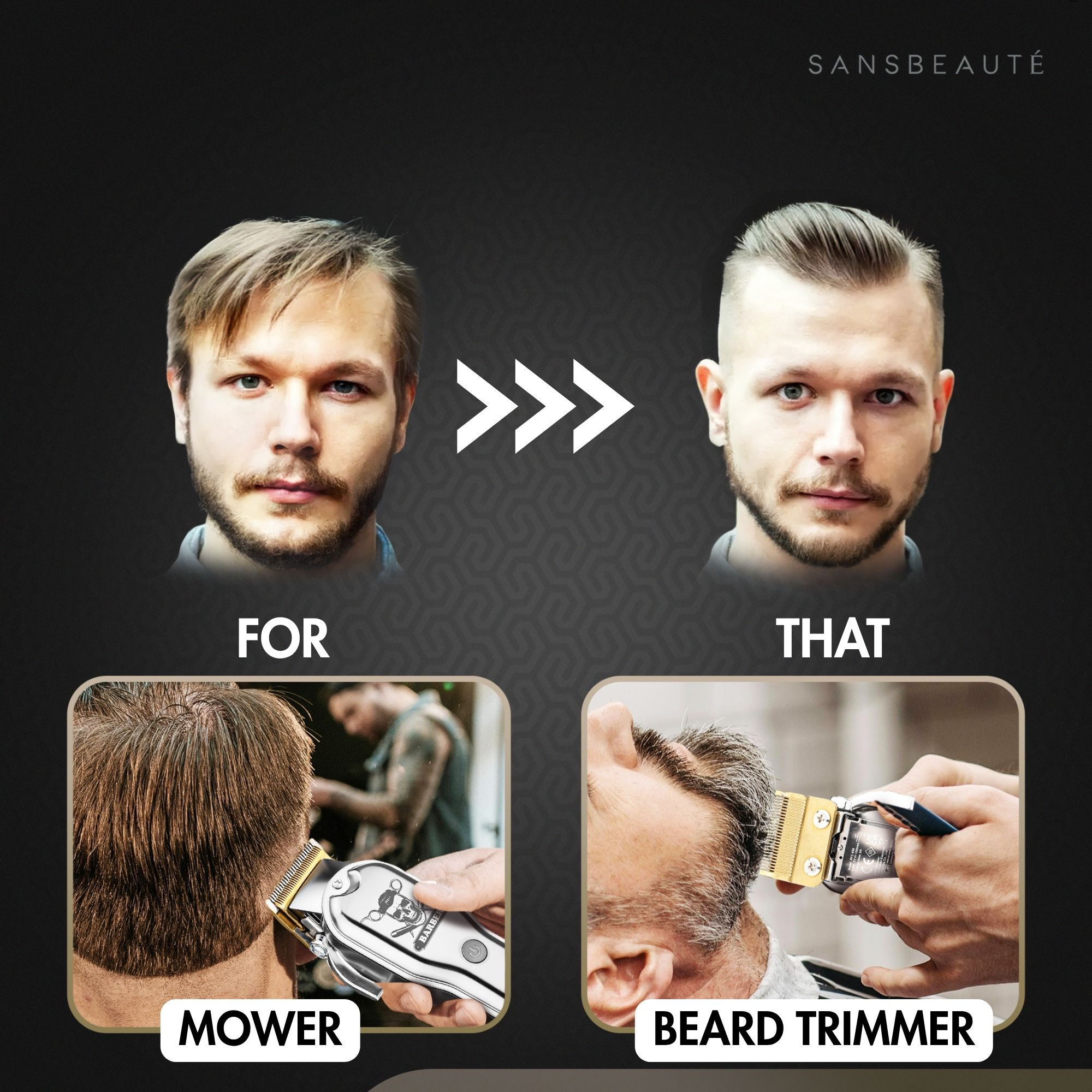 Vergelijking van een man met warrig haar en een gestylede man met de gebruikte tondeuse.