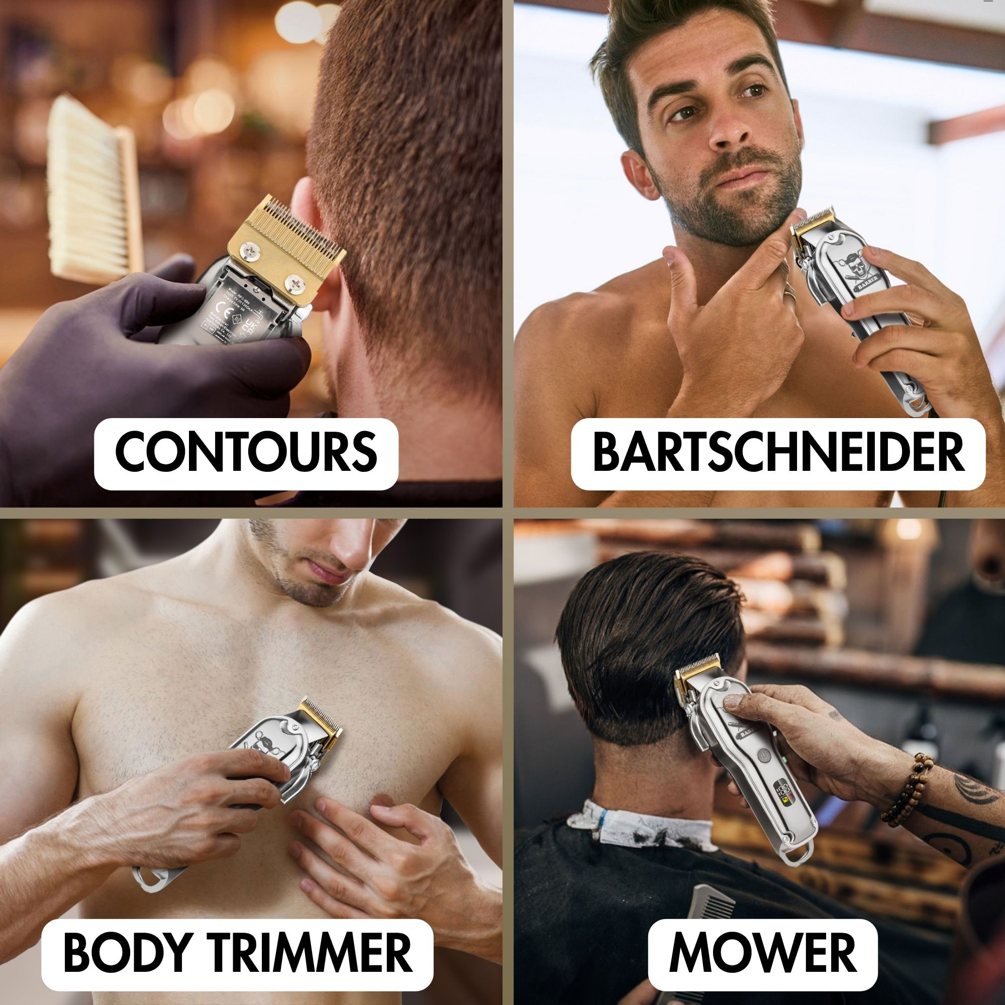 Vier afbeeldingen van mannen die haartrimmers gebruiken voor contouren, baard, lichaam en haar.