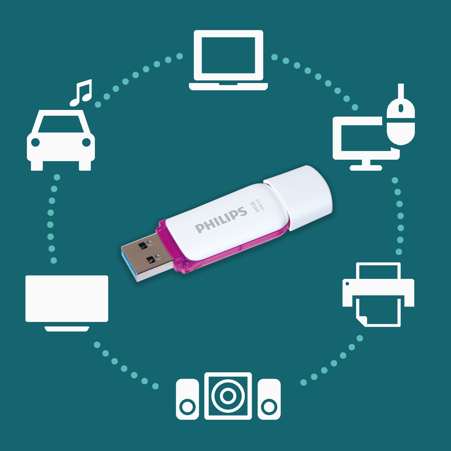 Una unidad flash USB Philips blanca y rosa en el centro, rodeada de iconos blancos sobre fondo azul.