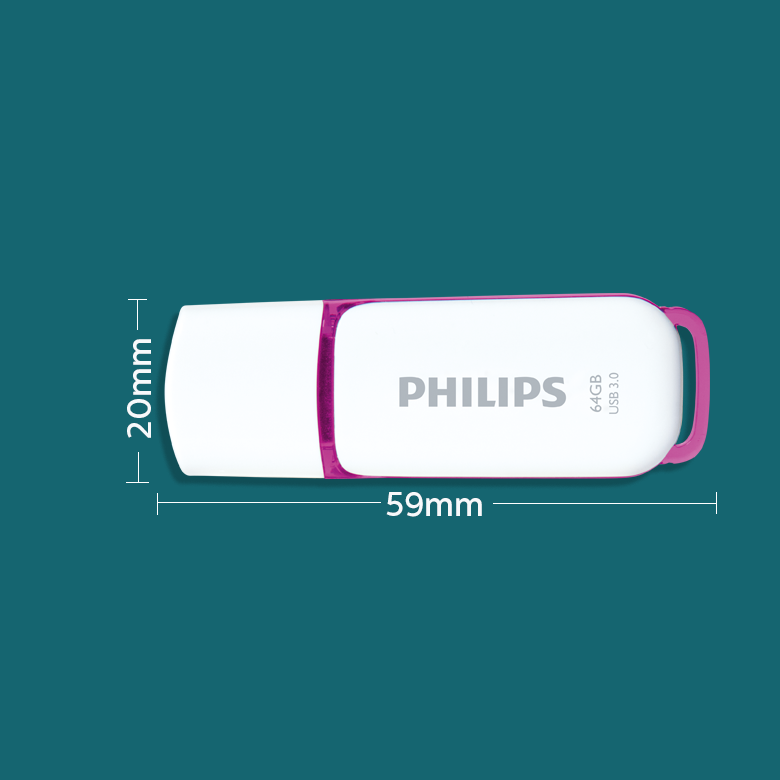 Memoria USB Philips de 64GB blanca con detalles rosas y líneas de cota de 59x20mm sobre fondo verde azulado.