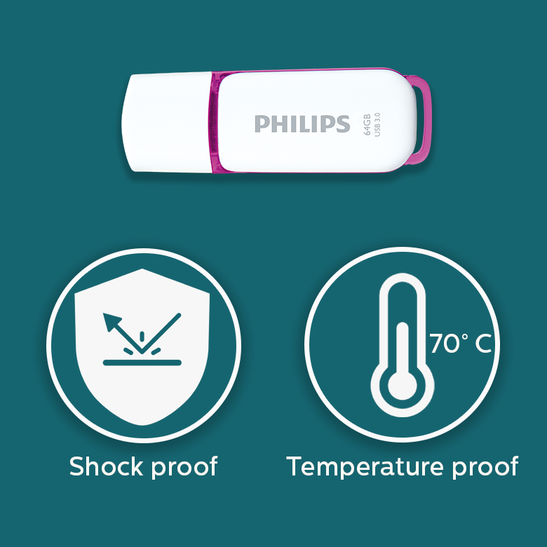 Una memoria USB Philips de 64GB blanca y rosa con iconos de resistencia a golpes y temperatura sobre fondo azul.