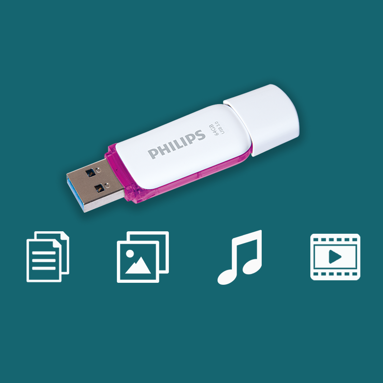 Una memoria USB Philips blanca y magenta sobre fondo azul con iconos para documentos, imágenes, música y vídeo.