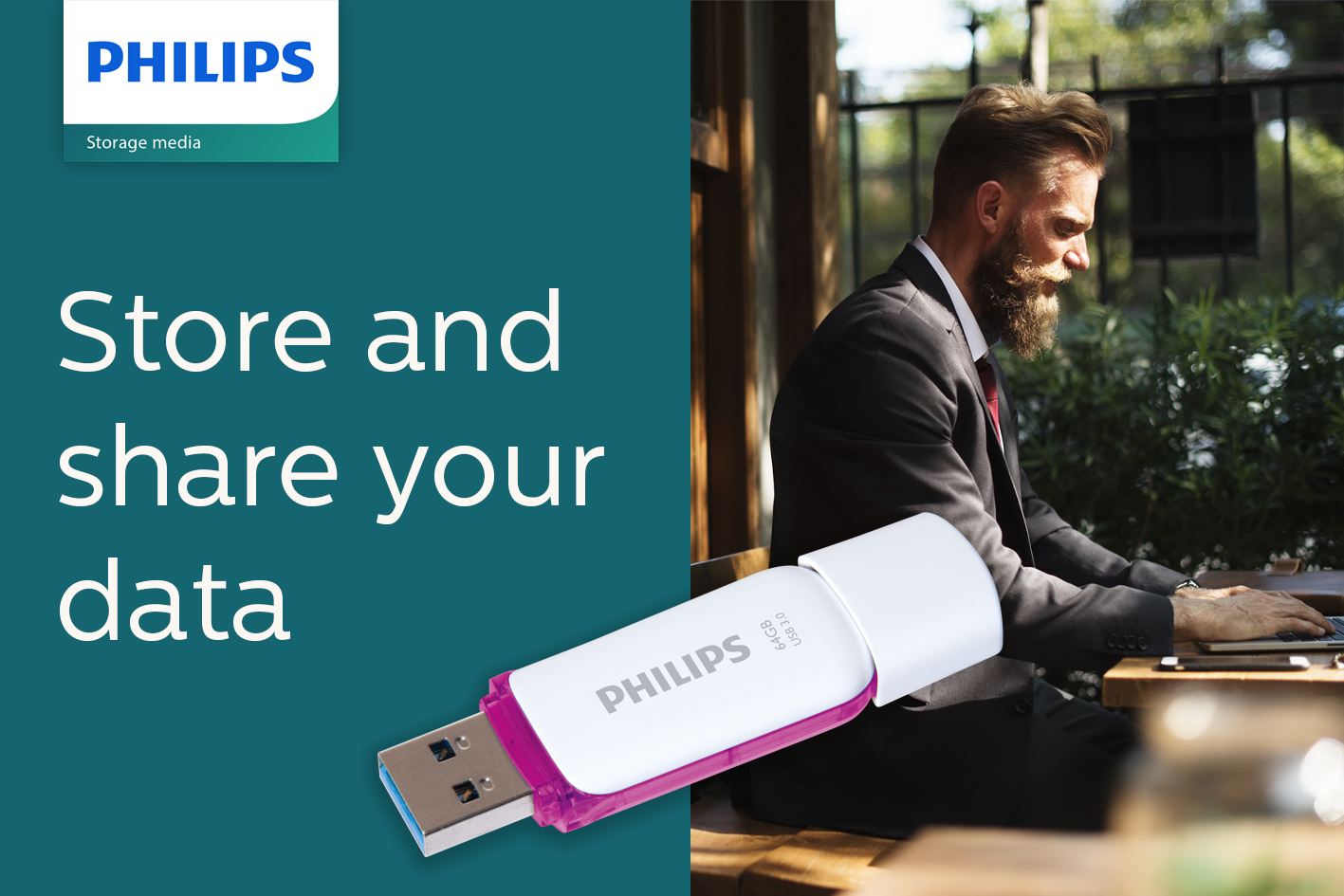 Memoria USB Philips en primer plano, un empresario trabajando al fondo, con texto.