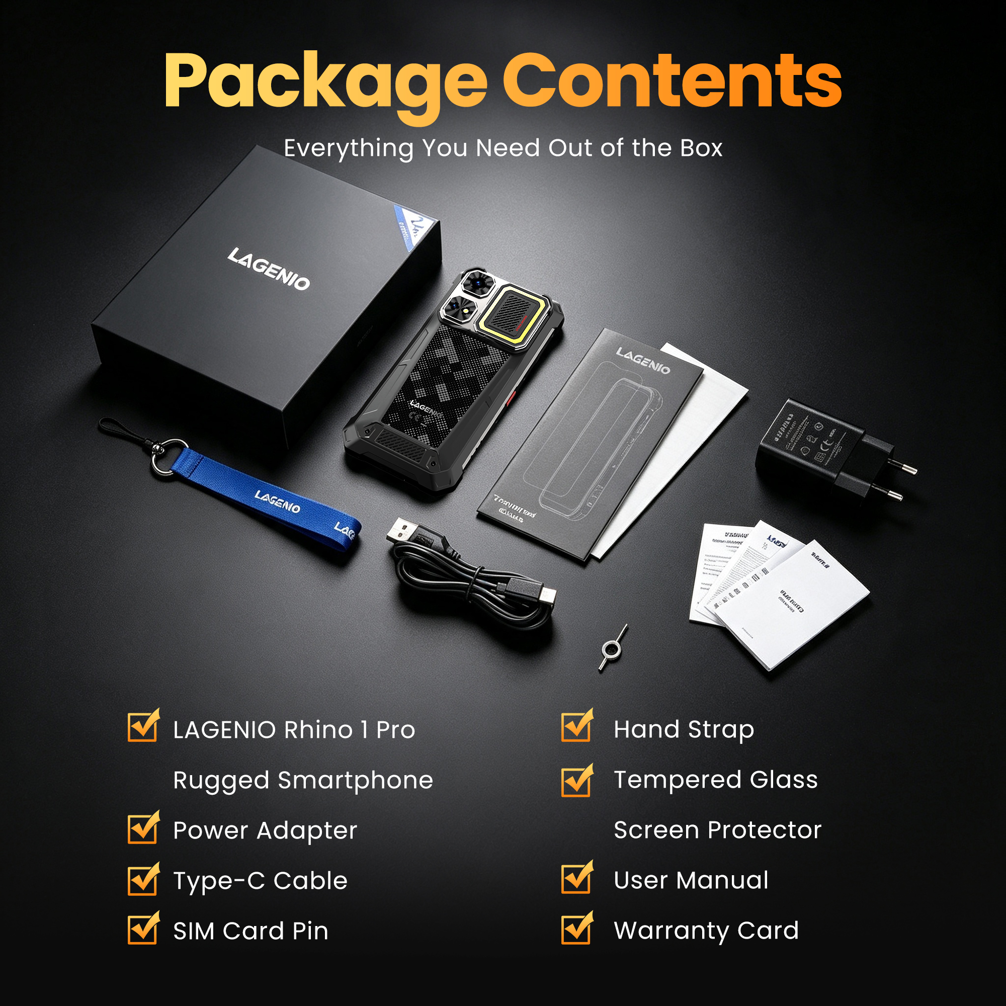 Contenido del paquete del smartphone Lagenio Rhino 1 Pro con teléfono, caja, cargador, cables, manuales y correa.