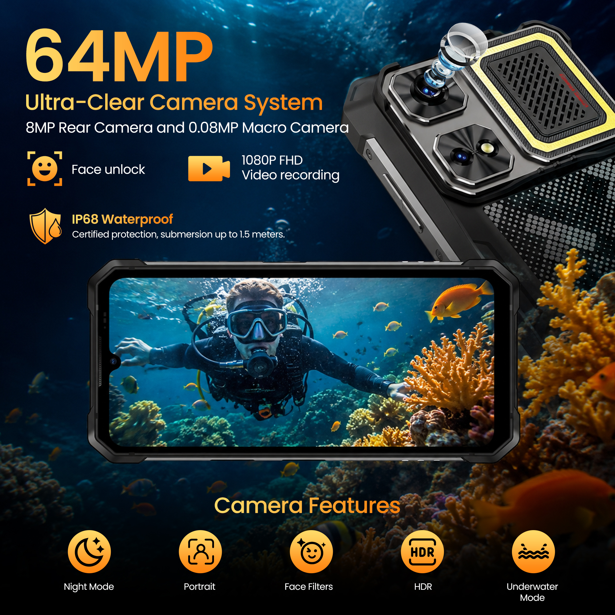 Smartphone resistente que muestra un buceador bajo el agua con arrecifes de coral y funciones de cámara.