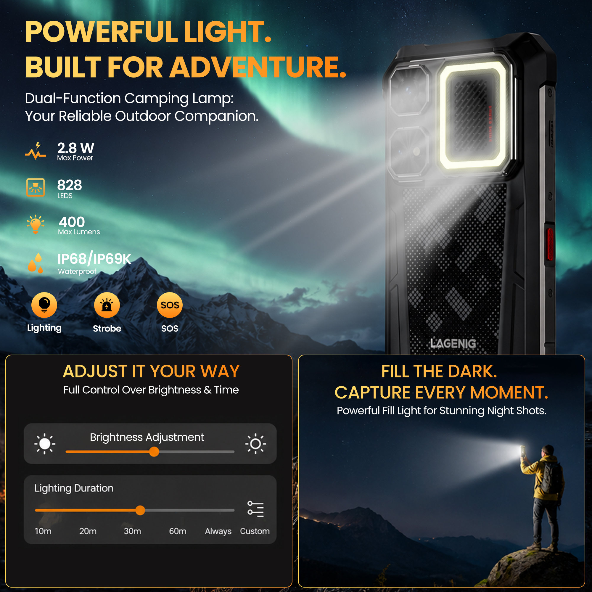 Smartphone resistente con lámpara de camping integrada, especificaciones y vista nocturna con auroras.
