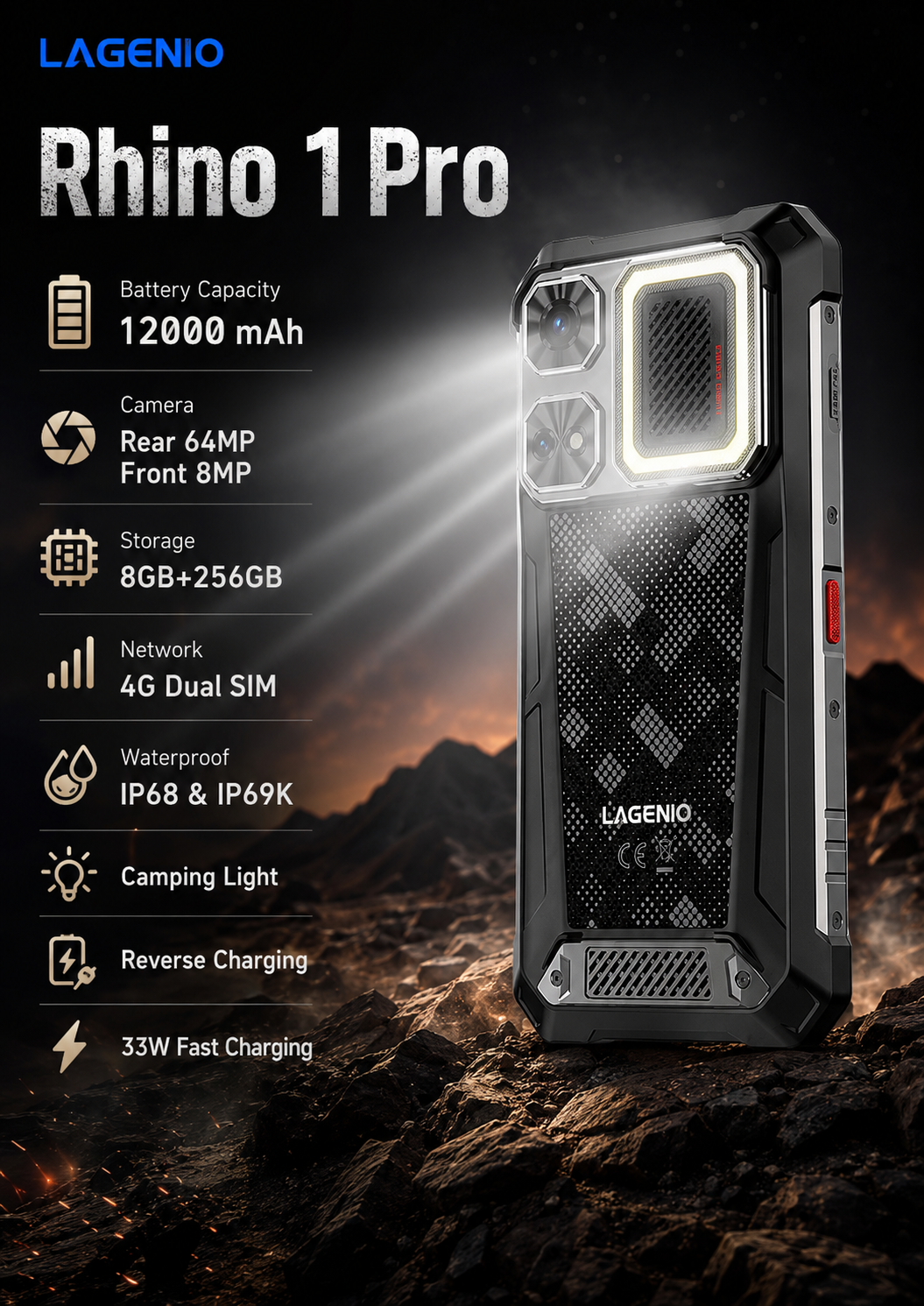 Lagenio Rhino 1 Pro Smartphone mit technischen Daten und hellem Campinglicht vor felsigem Hintergrund.