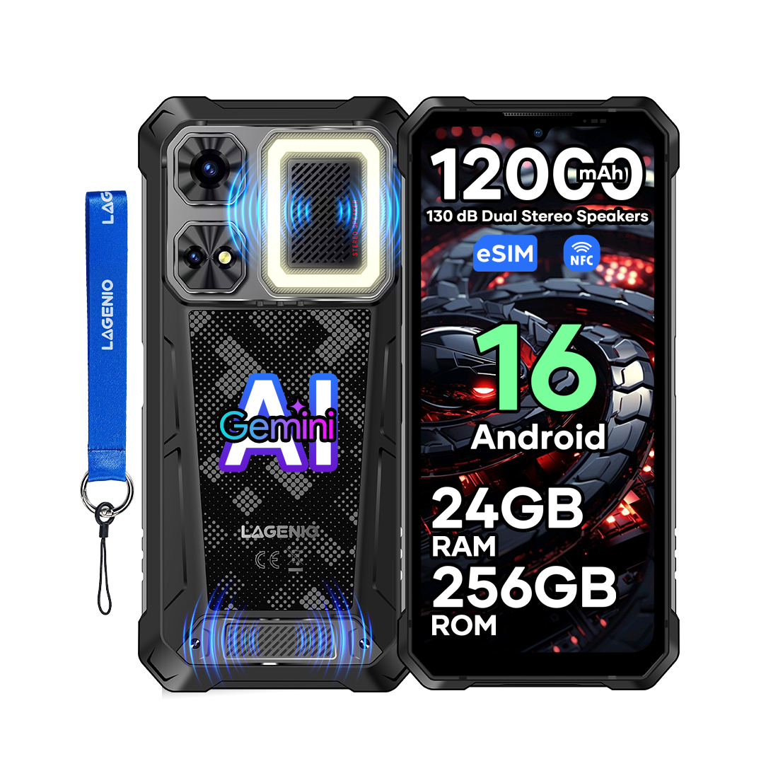 Robustes schwarzes Smartphone mit blauer Lasche, Dual-Kameras, starkem Akku und Android-Spezifikationen.