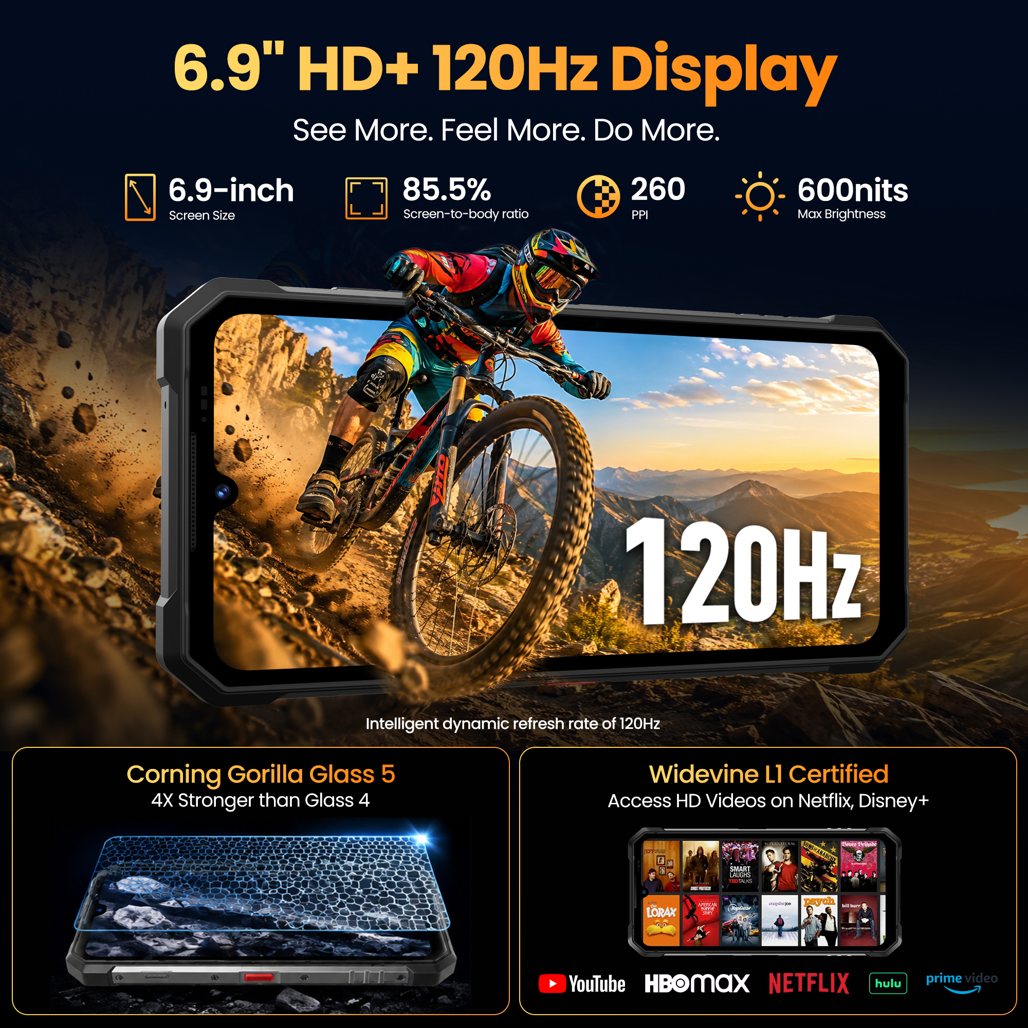 Anuncio de smartphone con pantalla de 6.9 pulgadas, vista a la montaña, protección Gorilla Glass y streaming HD.