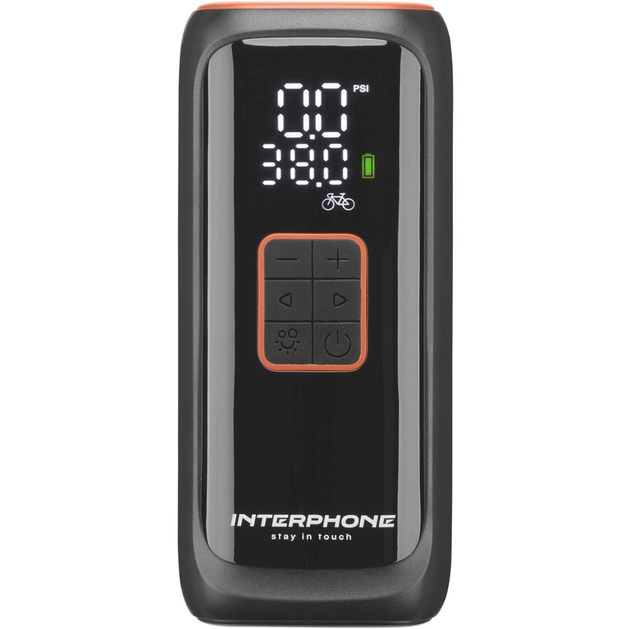 Eine schwarze Interphone-Luftpumpe mit digitalem Display, das 0,0 PSI und 38,0 anzeigt, und orange umrandeten Tasten.