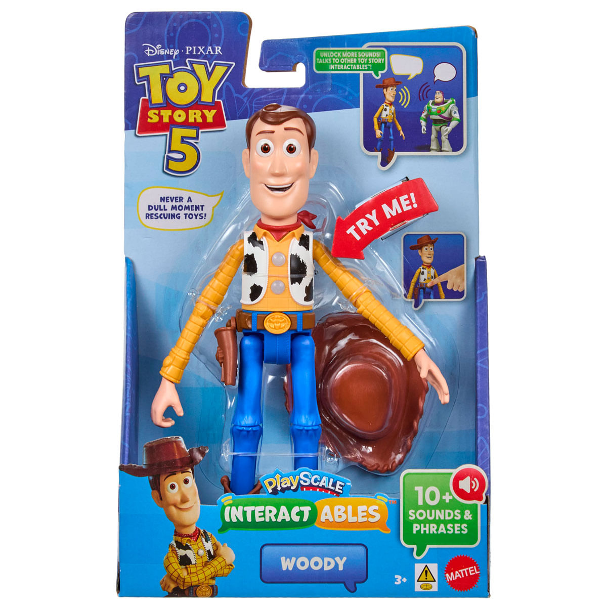 Figura de acción de Woody de Toy Story 5 en su empaque azul con sombrero marrón, funda y sonidos.