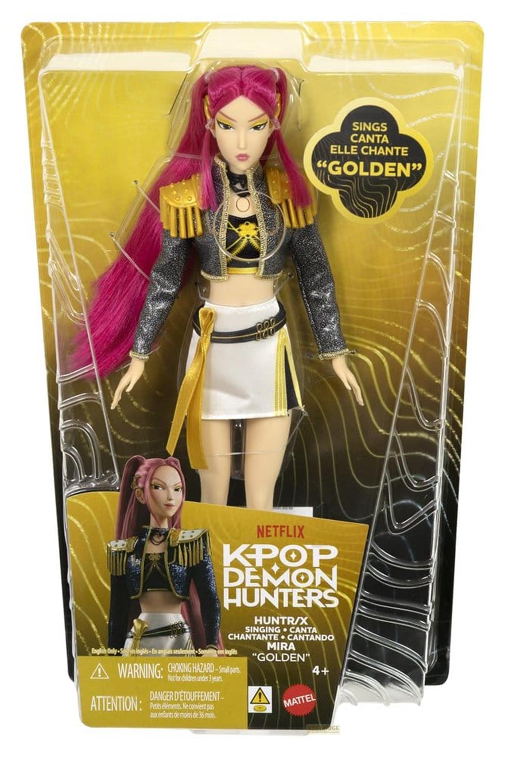 Muñeca Mira de K-Pop Demon Hunters empaquetada con cabello rosa, chaqueta negra y dorada y falda blanca.
