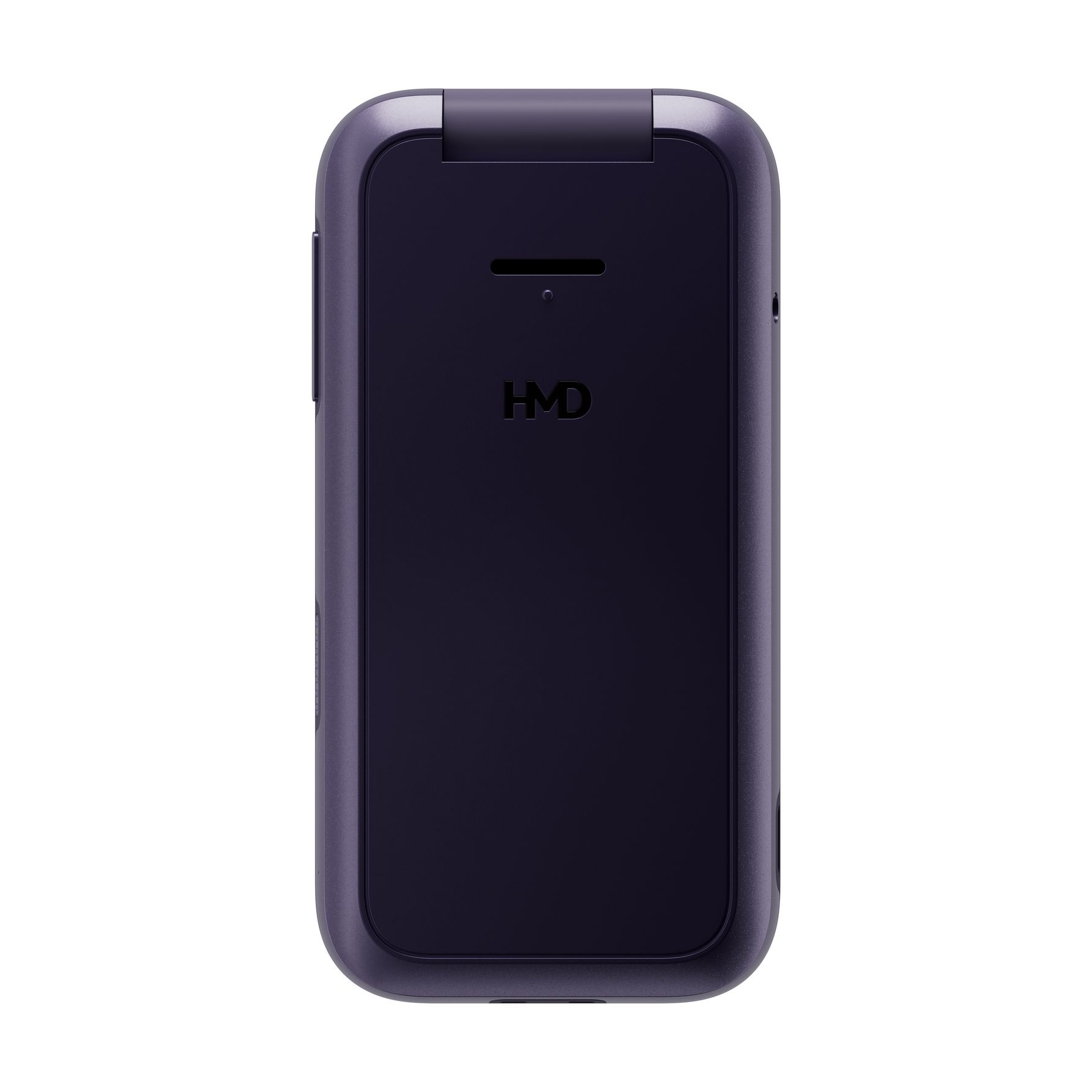 Ein geschlossenes violettes Klapphandy mit dem HMD-Logo auf der Vorderseite vor weißem Hintergrund.