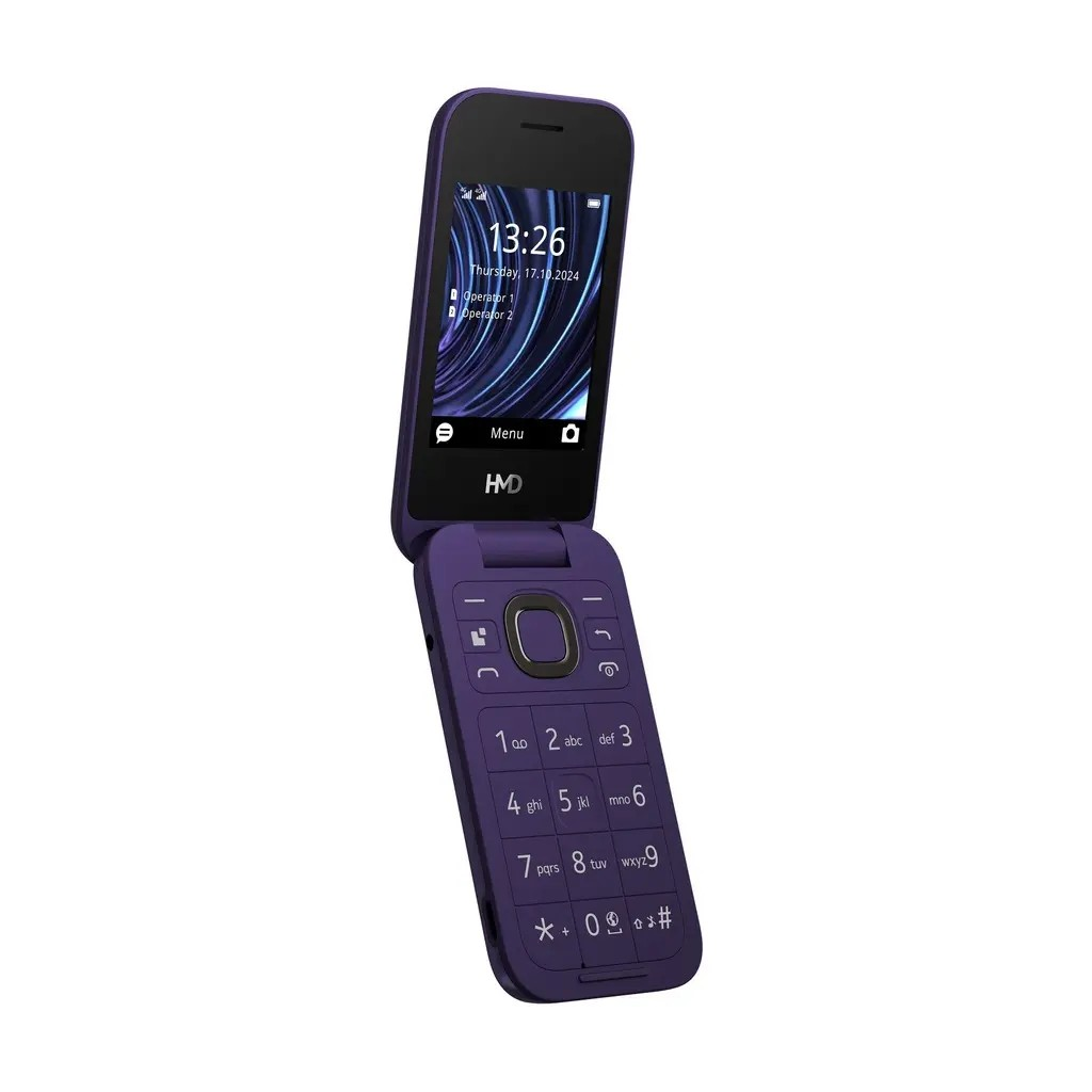 Ein offenes violettes Klapphandy mit physischer Tastatur und Farbdisplay vor weißem Hintergrund.