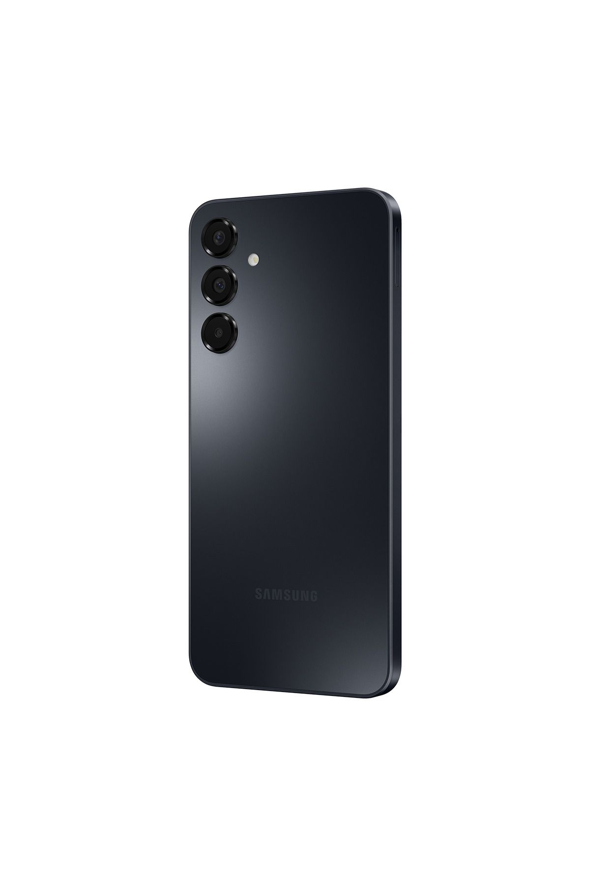 Üç dikey kamera lensine ve Samsung logosuna sahip siyah bir Samsung akıllı telefonun arkası.