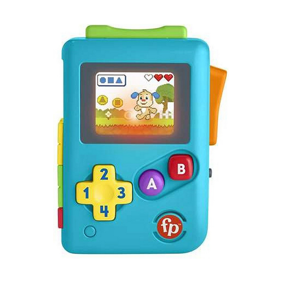 Una consola de juguete azul de Fisher-Price con pantalla, D-pad amarillo y botones A y B sobre fondo blanco.